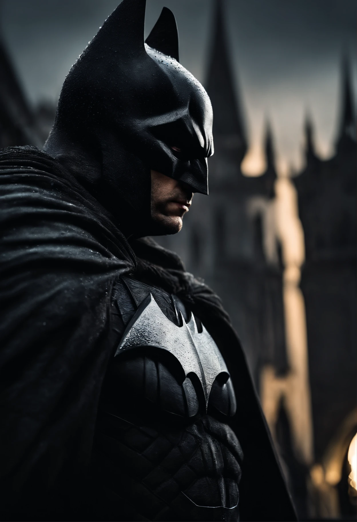 Batman guerreiro vestido com armadura medieval, Scenery Gothic city rainy and dark, com neblina densa, neblina densa, Noite escura, Clima de terror, Armadura preta, on top of a building, cinematic lighting, detalhes altos, melhor qualidade, Masterpiece, chovendo, chuva, molhado