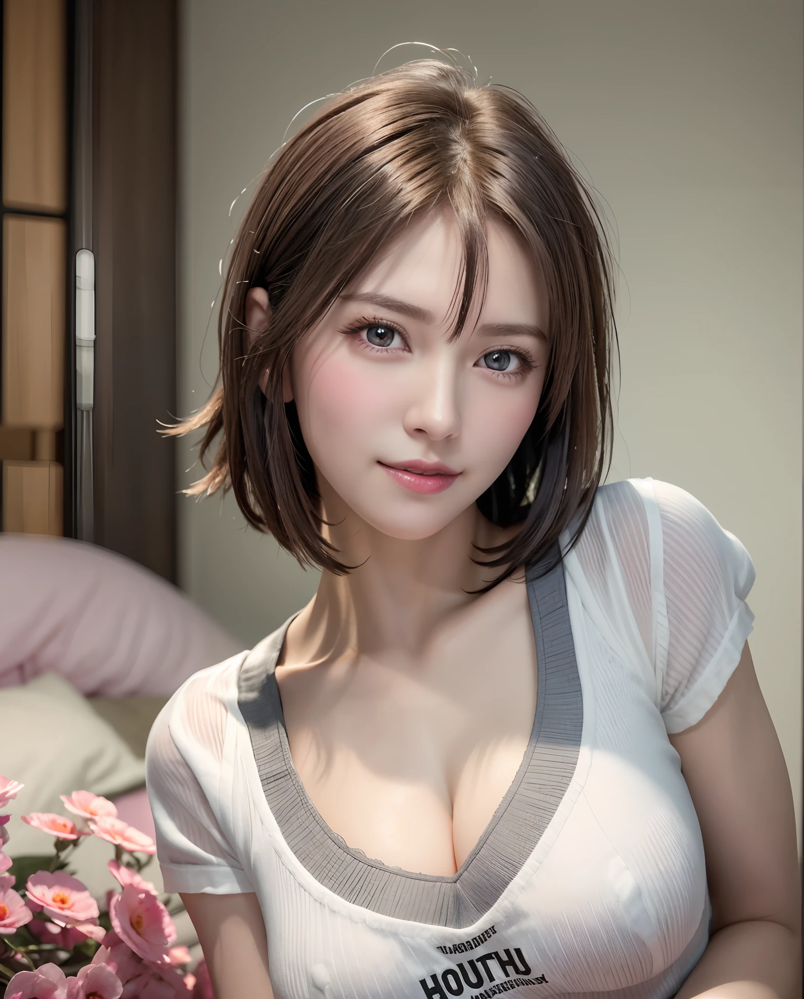 Top quality, ultra high resolution, (photorealistic: 1.4), beautiful eyes, super beautiful, short hair, beautiful breasts, lover, t-shirt with rough chest, eyes inviting viewer, lover's eyes, inviting facial expressions, sexy smile, perfect style, perfect balance, detailed skin, naughty eyes, chest visible