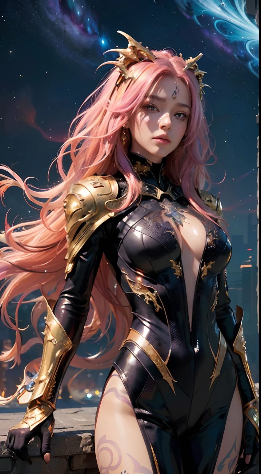 masterpiece, top quality, best quality, official art, beautiful and aesthetic:1.2), (1girl), extreme detailed eyes, (fractal art:1.3), colorful, highest detailed, (perfect face), shiny skin, HDR, (Black leather suit golden lines:1.2), galaxy, (light streaks), striking visuals, (dynamic streaks, luminous trails:1.2), vibrant colors, (phoenix), (dragon) pink hair