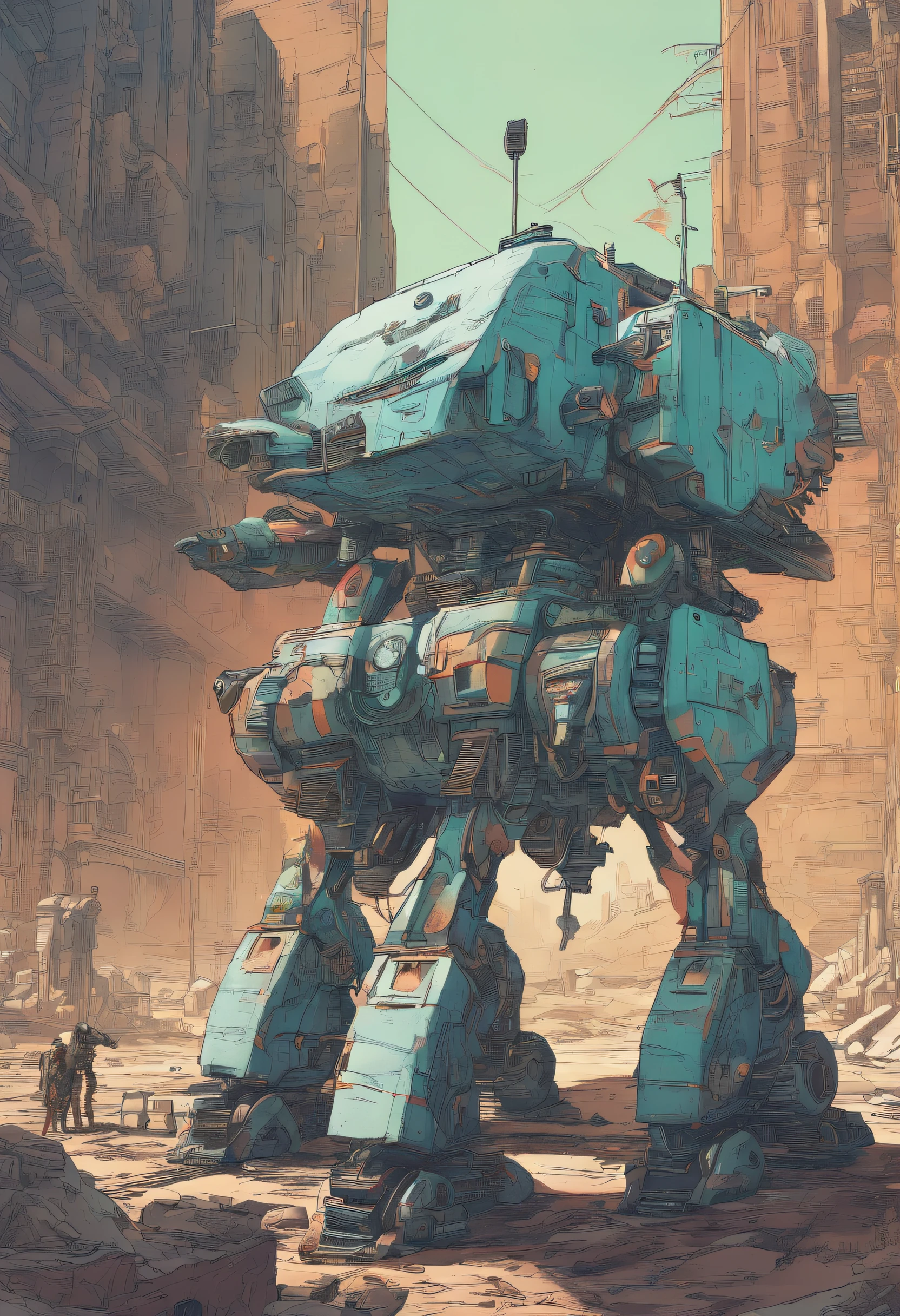 3D, quadruped Industrial-mecha,mecha in the ruins of city from a forgotten war, ancient technology,