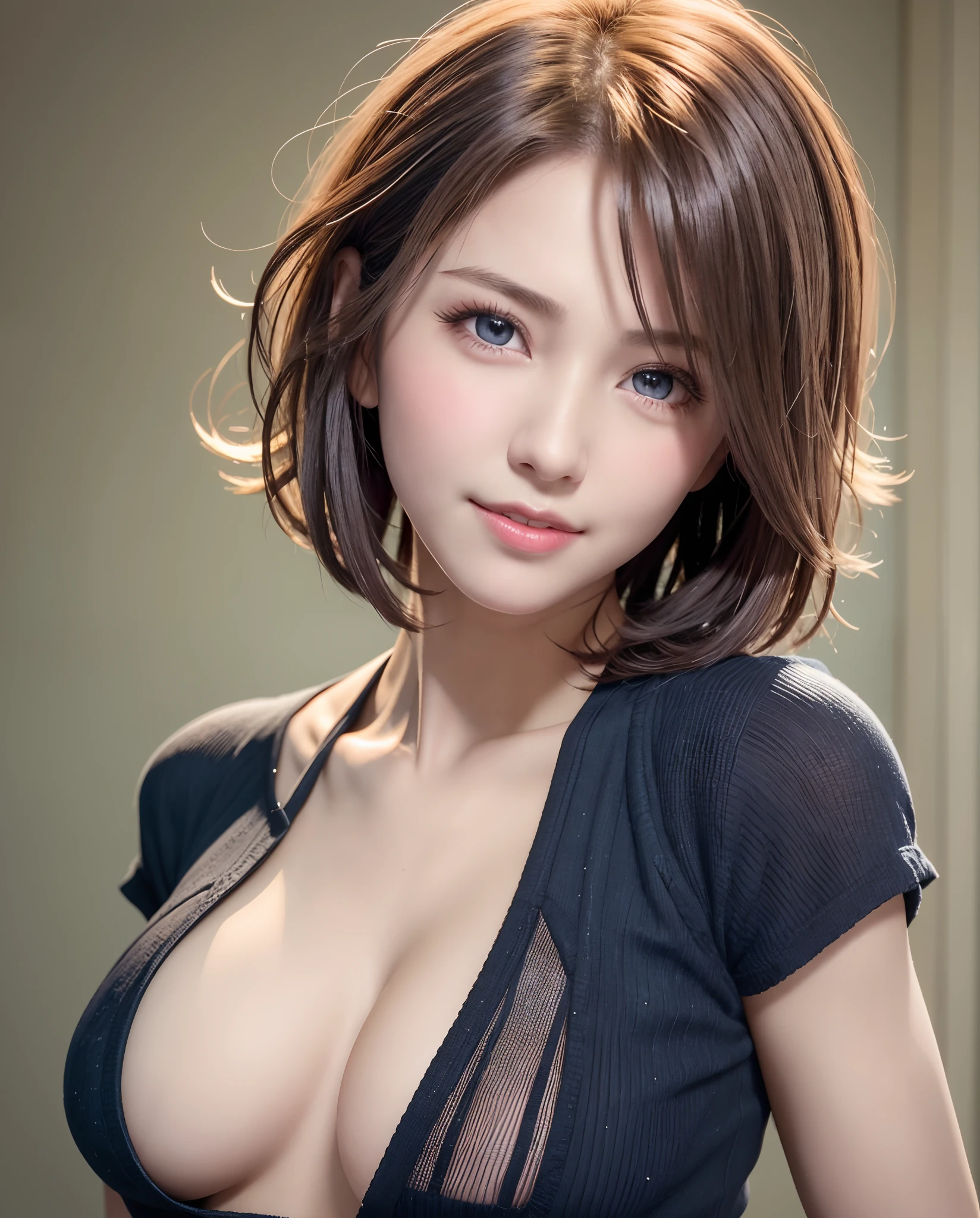 Top quality, ultra high resolution, (photorealistic: 1.4), beautiful eyes, super beautiful, short hair, beautiful breasts, lover, t-shirt with rough chest, eyes inviting viewer, lover's eyes, inviting facial expressions, sexy smile, perfect style, perfect balance, detailed skin, naughty eyes, chest visible