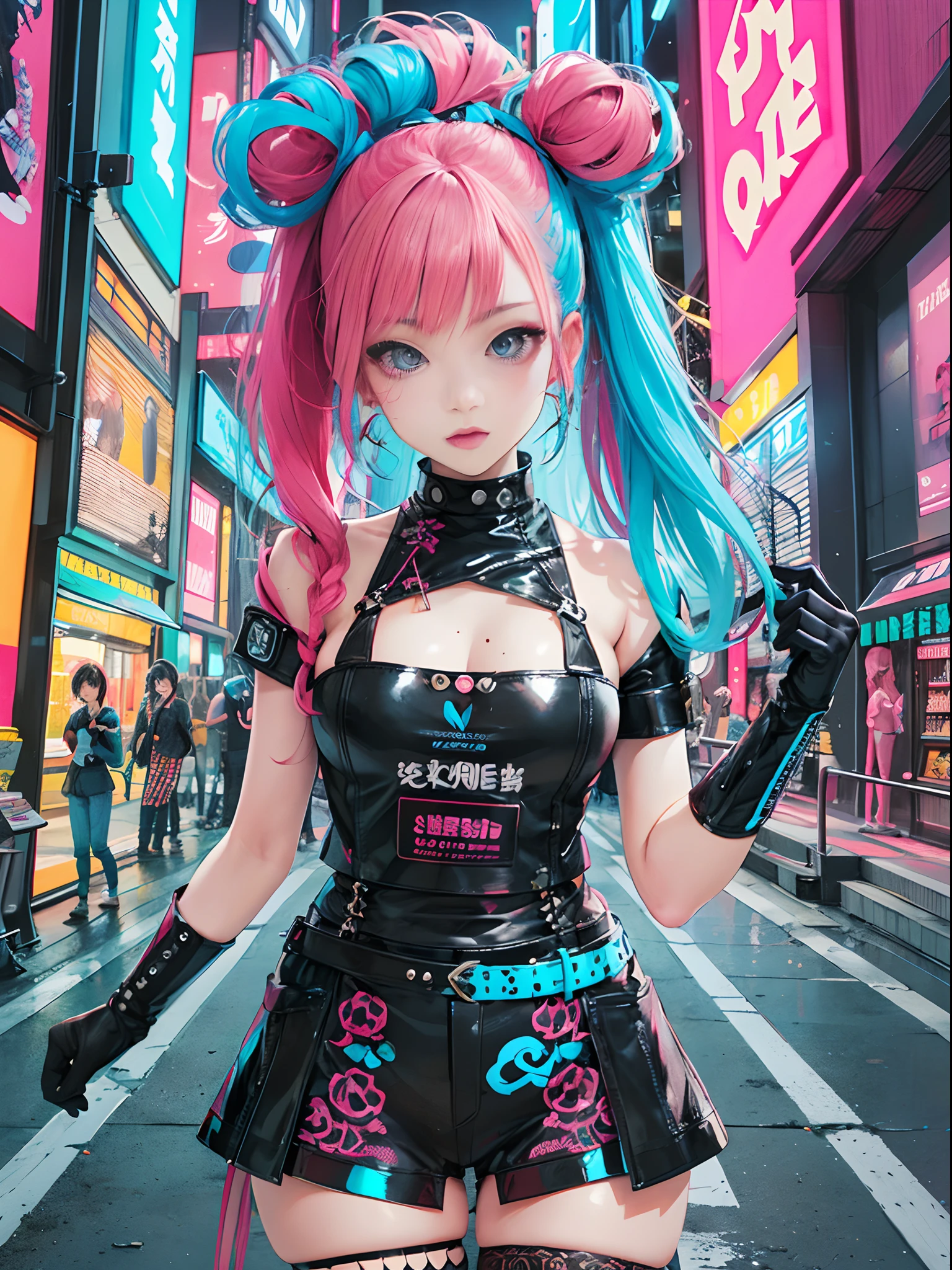 An anime illustration of a teenaged girl, looking at viewer, cowboy shot, confident cyberpunk girl with sassy expression, ((Harajuku-inspired pop outfit)), bold colors and patterns, eye-catching accessories, trendy and innovative hairstyle, vibrant makeup, (dynamic pose), futuristic and orderly dazzling Cyberpunk cityscape, skyscrapers, neon signs, glowing LED lights, bright and vivid color scheme, anime, illustration,  (beautiful detailed face), intricate details, ultra detailed.