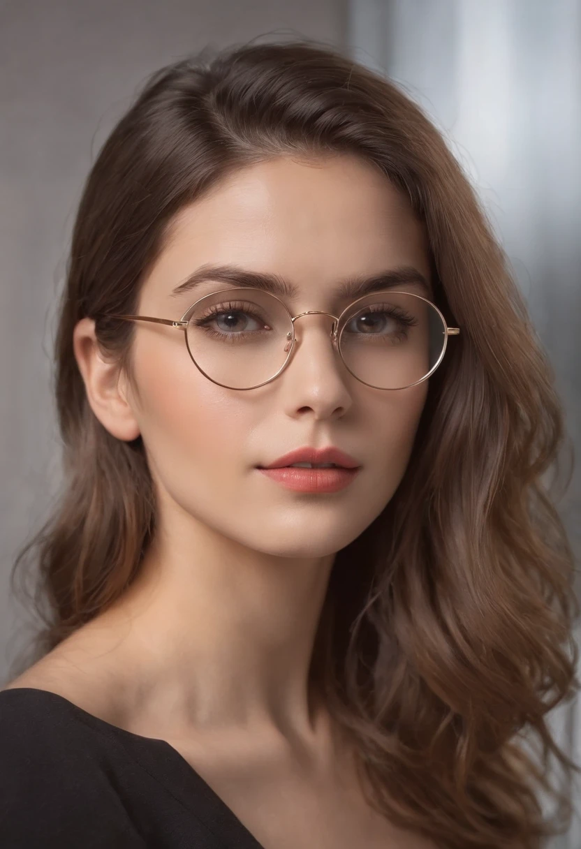 Beautiful girl with 23 years, wearing round glasses of golden color, olhos castanho claro, mouth slightly thin lips, nariz levemente curto, bochechas grandes, orelhas relativamente pequenas, pele castanho claro, queixo curto, pleasant countenance, cabelo liso abaixo dos ombros na cor preta, sem franja. Detalhes do rosto destacados, subtle and light strokes, realistic-looking, nice lighting, utilizando camiseta da cor amarela cobrindo o busto. Sorridente e olhando para o espectador. Decent posture and nice look.