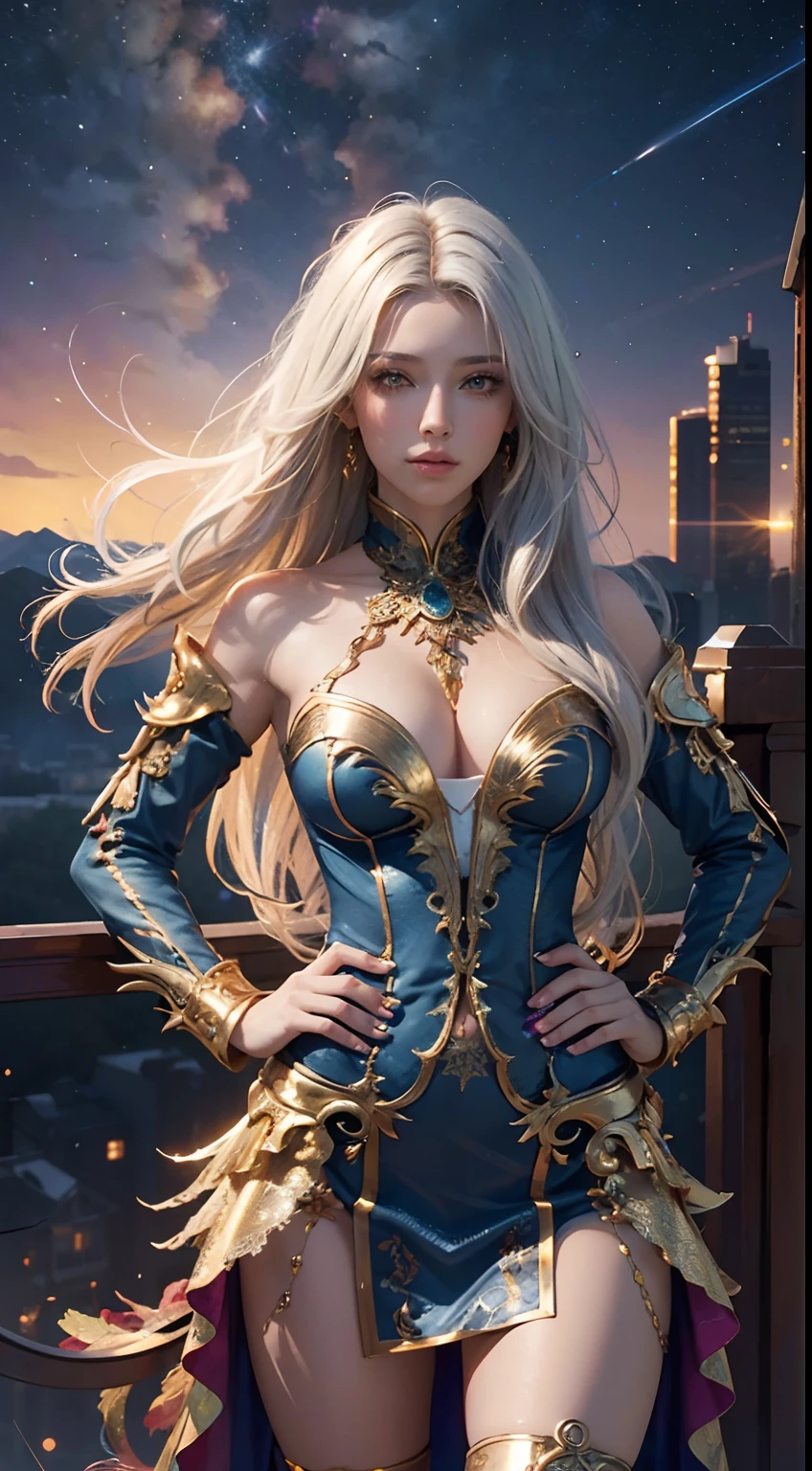 masterpiece, top quality, best quality, official art, beautiful and aesthetic:1.2), (1girl), extreme detailed eyes, (fractal art:1.3), colorful, highest detailed, (perfect face), shiny skin, HDR, (revealing clothes golden lines:1.2), galaxy, (light streaks), striking visuals, (dynamic streaks, luminous trails:1.2), vibrant colors, (phoenix), (dragon) white hair, looking at viewer, top to bottom view, sunset backdrop, cleavage, miniskirt, hands on hip, erotic pose