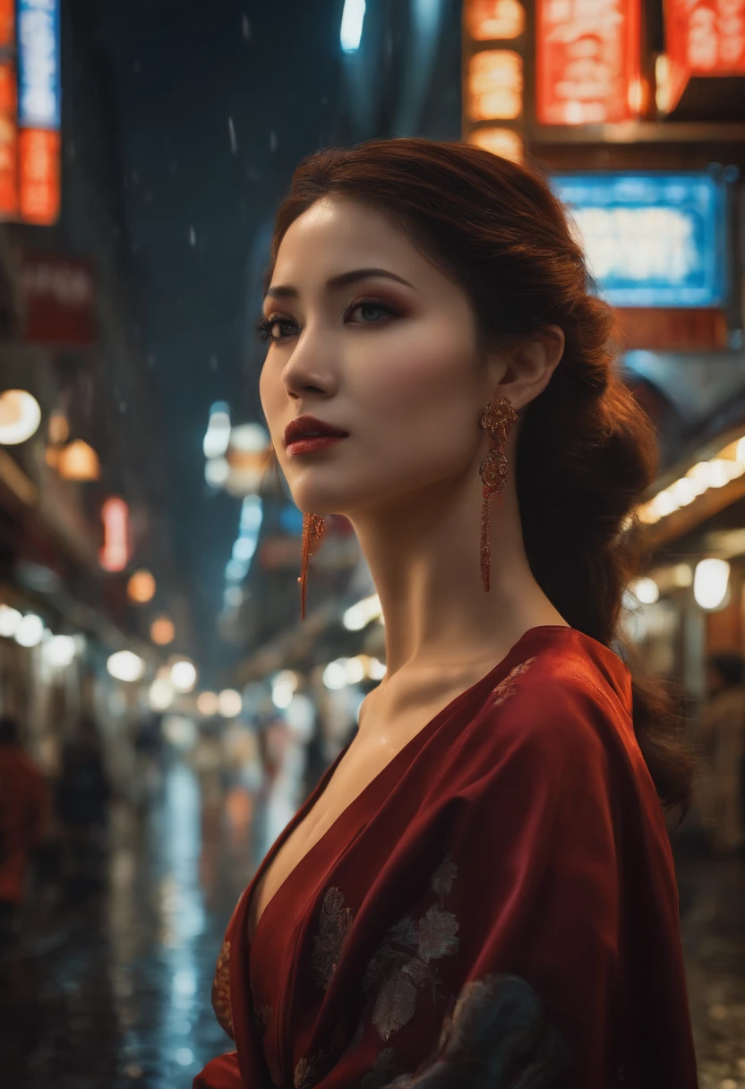 Rainy night,Town,Beautiful woman in Giaro makeup wears a tracksuit in the bustling streets of Gintama, Surrounded by vendors, Beautiful picture of an amazing goddess girl, Beautiful detailed face, porcelain skin, full-body shot, Centered, Ultra-soft lighting, Symmetry, complex, stylish, A highly detailed, Realistic Photos, Artstation, concept art, downy, As imagined by Greg Rotkowski and Boris Vallejo, cover, Vogue Style