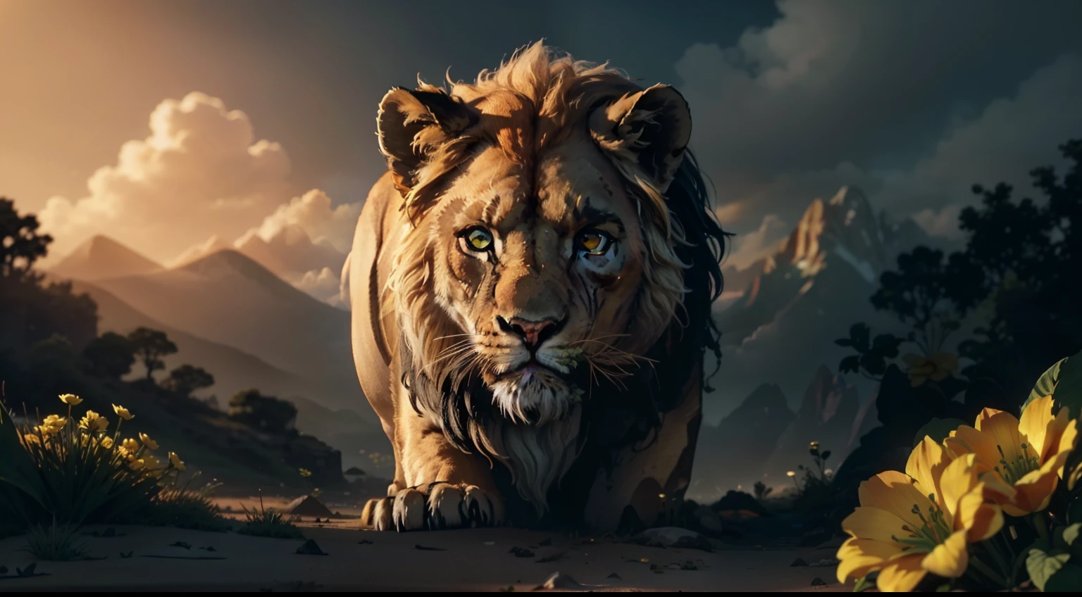 Lion Face, morning light, soft illuminaotion, liso, Epopeyas, Arte realista,  scene style, (Backlighting: 1.2), (flowering: 1.2), (Brillos de luz: 1.1), (chromatic abberation: 1.2), foco nítido, alto contraste, (cinematic lighting: 1.2), Image from the movieler, Fantasy film, (Display lighting: 1.1) realismo, Ultra gran angular, 135 mm, atmosphric perspective, 8k, Super detail, premiado, Cuero texturizado, Super detail, 16k, Anatomically correct