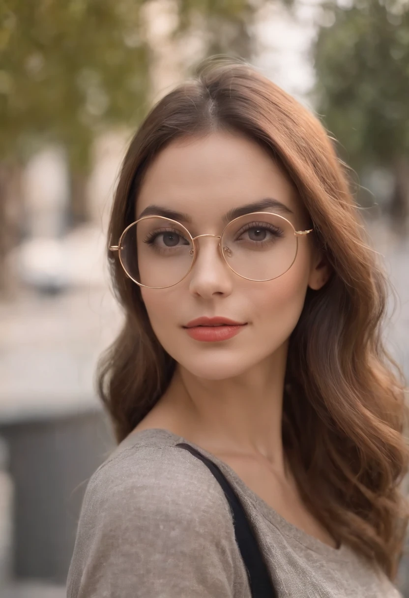 Beautiful girl with 23 years, wearing round glasses of golden color, olhos castanho claro, mouth slightly thin lips, nariz bastante curto, bochechas bem grandes, orelhas relativamente pequenas, pele castanho, queixo curto, pleasant countenance, cabelo bem liso abaixo dos ombros na cor bem preta, sem franja. Detalhes do rosto destacados, subtle and light strokes, realistic-looking, nice lighting, utilizando camiseta da cor amarela cobrindo o busto. Sorridente e olhando para o espectador. Decent posture and nice look.