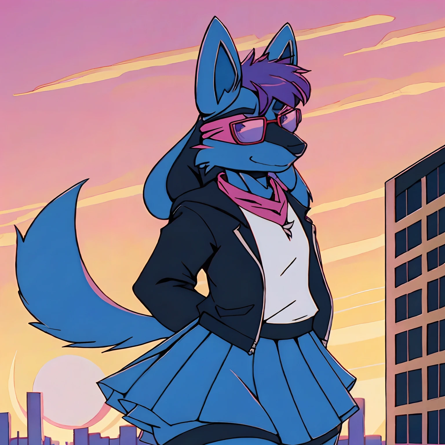 Mute pastel colors, Smooth photos, Retro soul, 1990s animation, 1980s animation, Retro soul, Retro anime style, Masterpiece, Best Quality, Lucario, furry, solo female, Lucario Pokémon, skirt, thigh high socks, black oversized hoodie, Retro Lucario fanart, 1990s anime, retro animation, transgender women, sunset over city background, very detailed background, bandana, white chest spike, pink eyes, high definition eyes, very detailed eyes, chubby, small amount of pink hair on top of head with purple highlights, blue fur, cute bandana, trans flag bandana, picturesque background, 1 horizon line, rose tinted rimless glasses, gradient rose tinted glasses, perfect background, beautiful background
