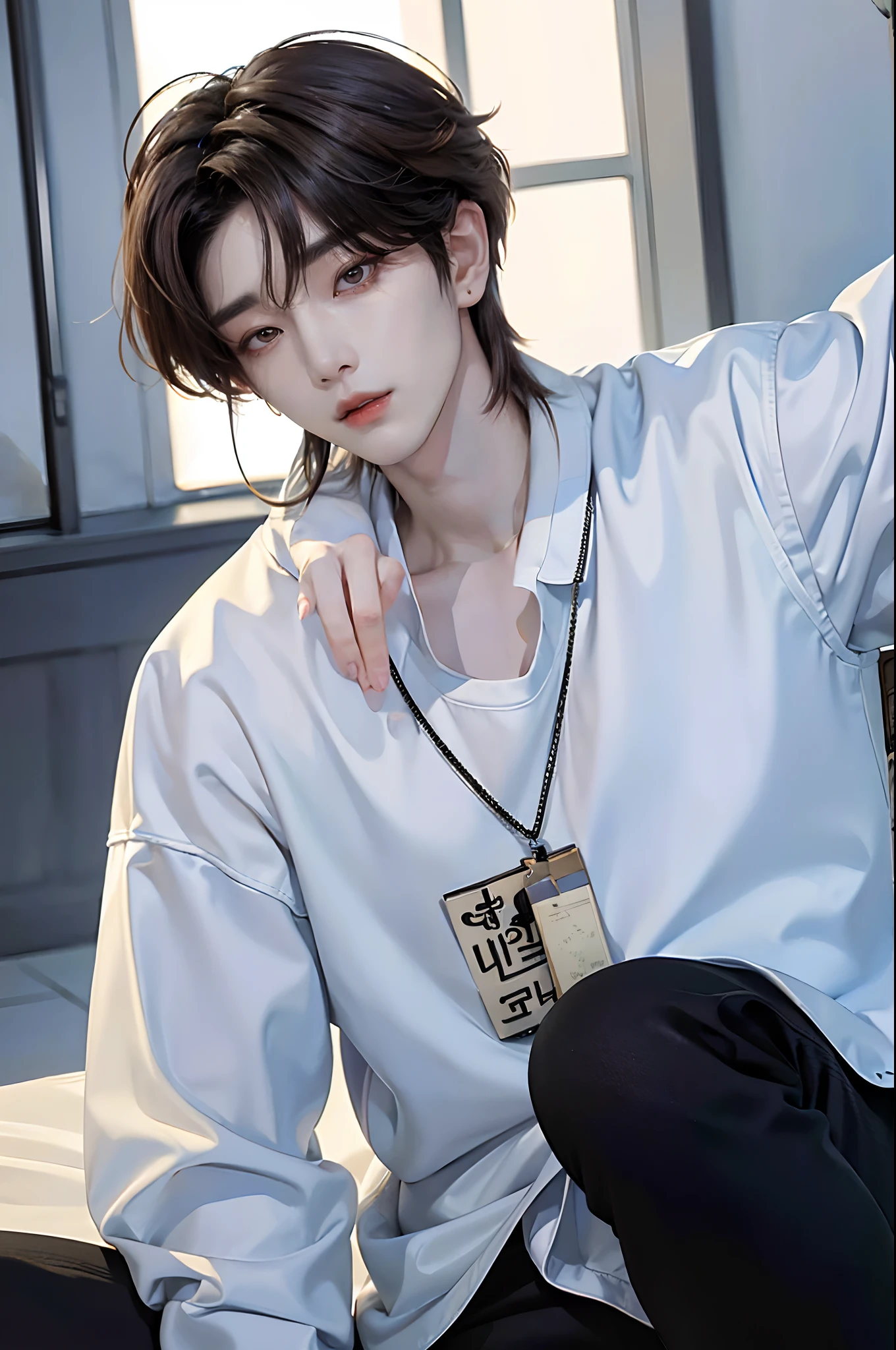 ​masterpiece、（top-quality)、((high-level image quality))、One Manly Boy、Slim body、((White Y-shirt and long black pants))、(Detailed beautiful eyes)、September Night Road、sitting on a curb、Face similar to Chaewon in Ruseraphim、((short hair above the ears))、((Smaller face))、((Neutral face))、((Light brown eyes))、((Korean boy))、((18year old))、((Handsome man))、((Wild look))、((Korean Makeup))、((elongated and sharp eyes))、((Sit next to the viewer))、((shot from a side angle))、((The upper part of the body))、((Close-range shooting))