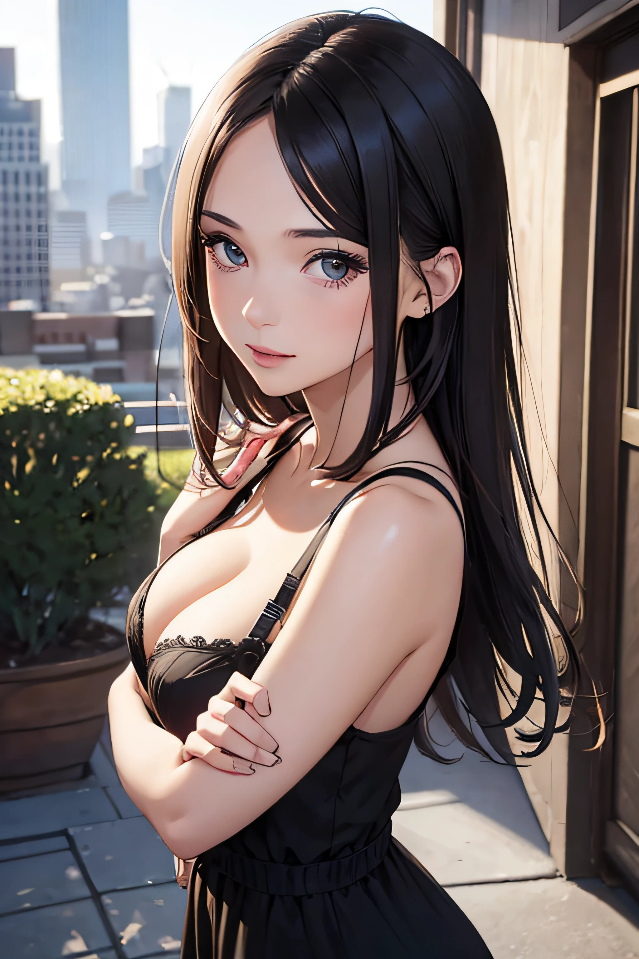 girl in a casual dress, medium breasts, cleavage, cityscape, flirtatious look, ((very detailed)), (perfectly detailed face), (well detailed hand) photorealistic image.