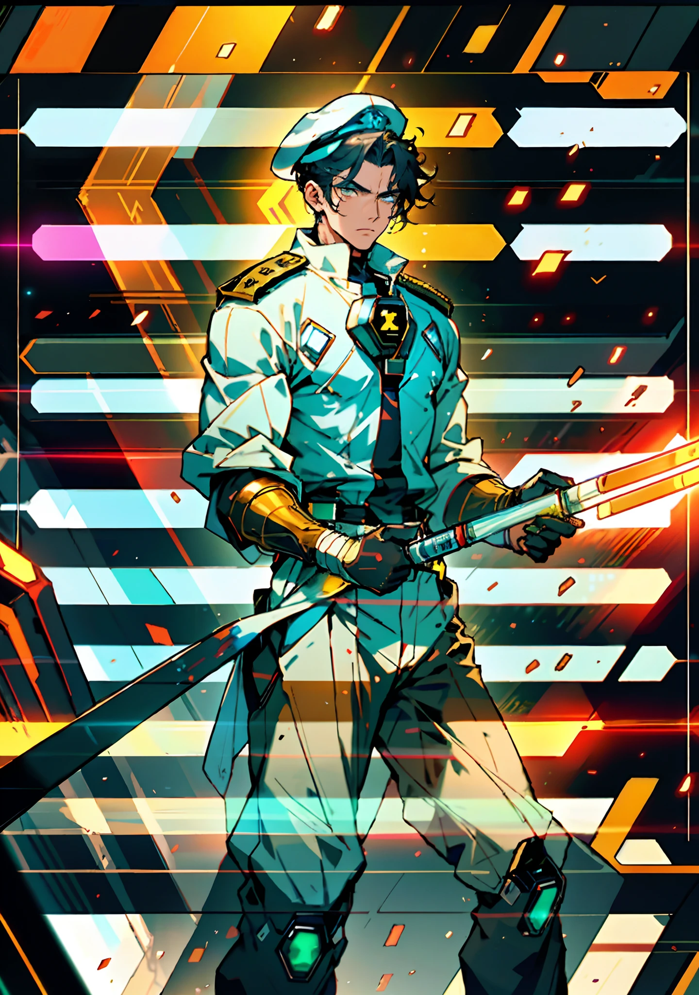 1 man, a man with black short hair, a beret on his head, icy and resolute eyes, a refined face, no expression, wears a two-piece futuristic military-style outfit, tall and slender, wears a light-colored Chinese-style undershirt, a short cape, primarily in shades of green and white, accented by touches of red and yellow, wears dark pants, holds a futuristic-style long metal rod in his hands, set within the futuristic sci-fi atmosphere of a spaceship, this character embodies a finely crafted a futuristic sci-fi military officer in anime style, characterized by an exquisite and mature manga illustration art style, high definition, best quality, highres, ultra-detailed, ultra-fine painting, extremely delicate, professional, anatomically correct, symmetrical face, extremely detailed eyes and face, high quality eyes, creativity, RAW photo, UHD, 8k, Natural light, cinematic lighting, masterpiece:1.5