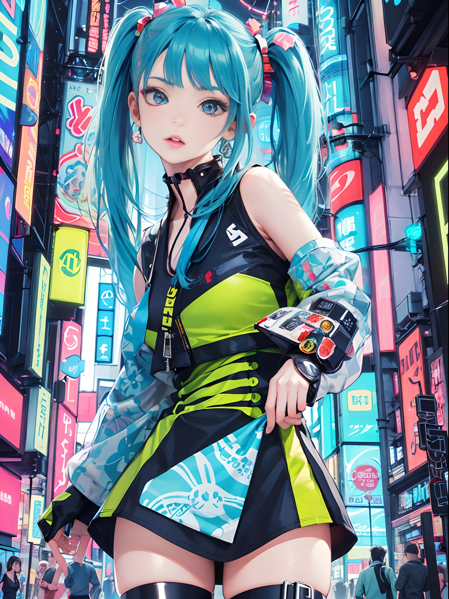 An anime illustration of a girl, looking at viewer, cowboy shot, confident cyberpunk girl with sassy expression, ((Harajuku-inspired pop outfit)), bold colors and patterns, eye-catching accessories, trendy and innovative hairstyle, vibrant makeup, ((dynamic pose)), futuristic dazzling Cyberpunk cityscape, skyscrapers, neon signs, glowing LED lights, bright and vivid color scheme, anime, illustration, (beautiful detailed face), intricate details, ultra detailed.