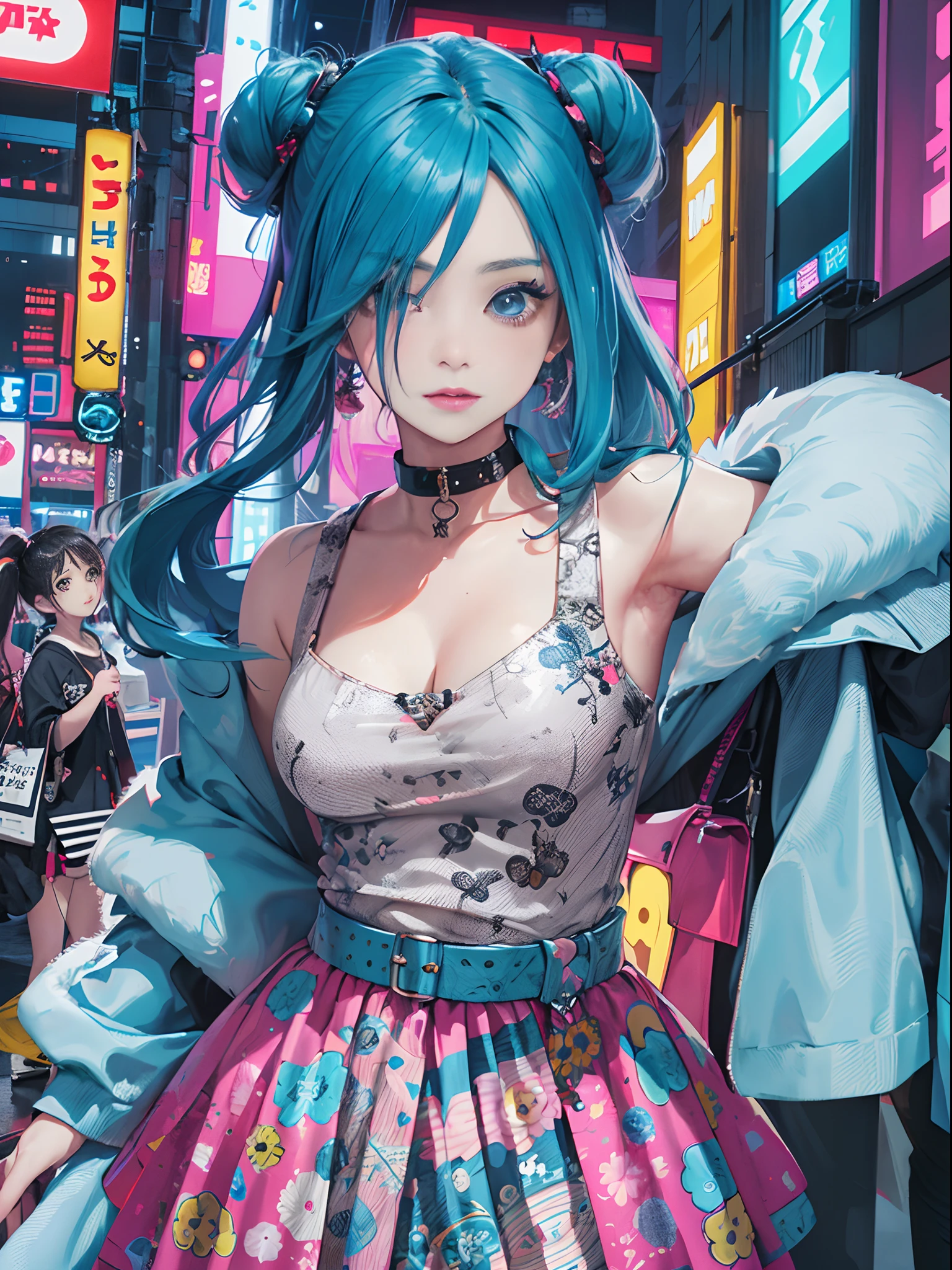 An anime illustration of a girl, looking at viewer, cowboy shot, confident cyberpunk girl with sassy expression, ((Harajuku-inspired pop outfit)), bold colors and patterns, eye-catching accessories, trendy and innovative hairstyle, vibrant makeup, ((dynamic pose)), futuristic dazzling Cyberpunk cityscape, skyscrapers, neon signs, glowing LED lights, bright and vivid color scheme, anime, illustration, (beautiful detailed face), intricate details, ultra detailed.