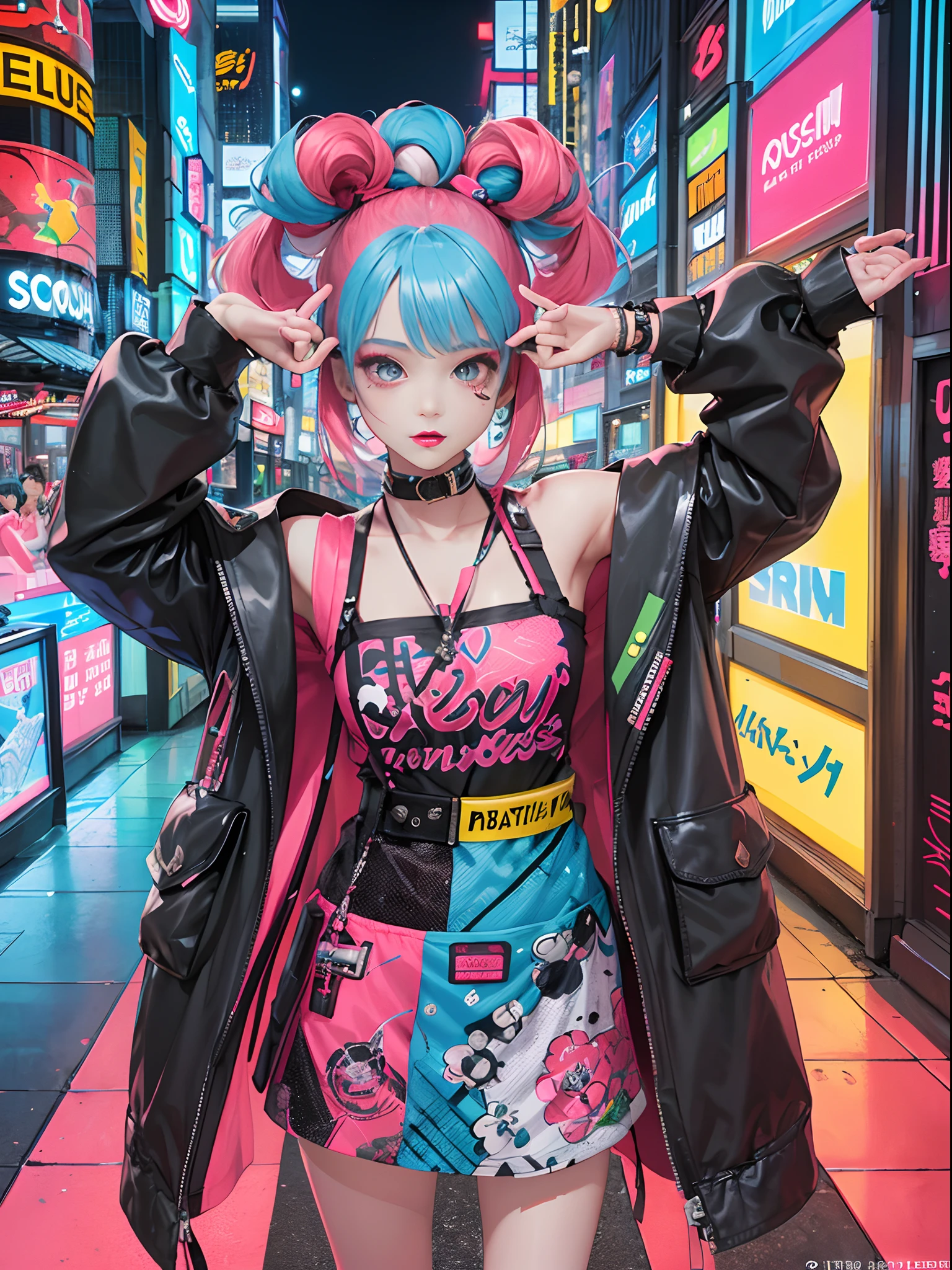 An anime illustration of a girl, looking at viewer, cowboy shot, confident cyberpunk girl with sassy expression, ((Harajuku-inspired pop outfit)), bold colors and patterns, eye-catching accessories, trendy and innovative hairstyle, vibrant makeup, ((dynamic pose)), futuristic dazzling Cyberpunk cityscape, skyscrapers, neon signs, glowing LED lights, bright and vivid color scheme, anime, illustration, (beautiful detailed face), intricate details, ultra detailed.