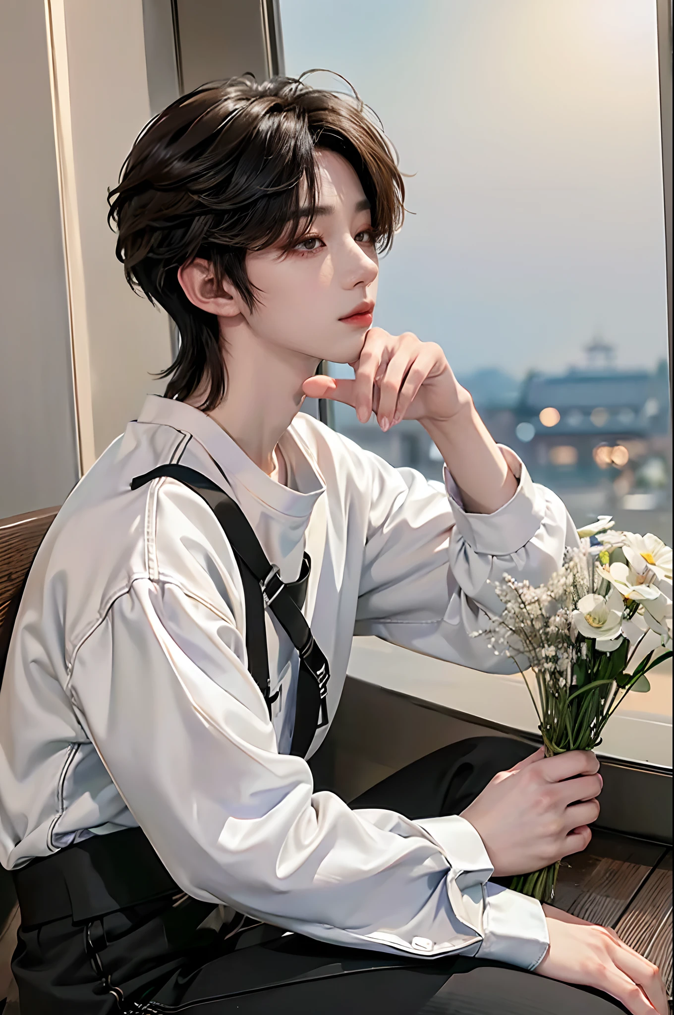 masterpiece、(top-quality)、((high-level image quality))、One Manly Boy、Slim body、((White Y-shirt and long black pants))、(Detailed beautiful eyes)、September Night Road、sitting on a curb、Face similar to Chaewon in Ruseraphim、((short hair above the ears))、((Smaller face))、((Neutral face))、((Light brown eyes))、((Korean boy))、((18year old))、((Handsome man))、((Wild look))、((Korean Makeup))、((elongated and sharp eyes))、((Sit next to the viewer))、((shot from a side angle))、((The upper part of the body))、((Close-range shooting))