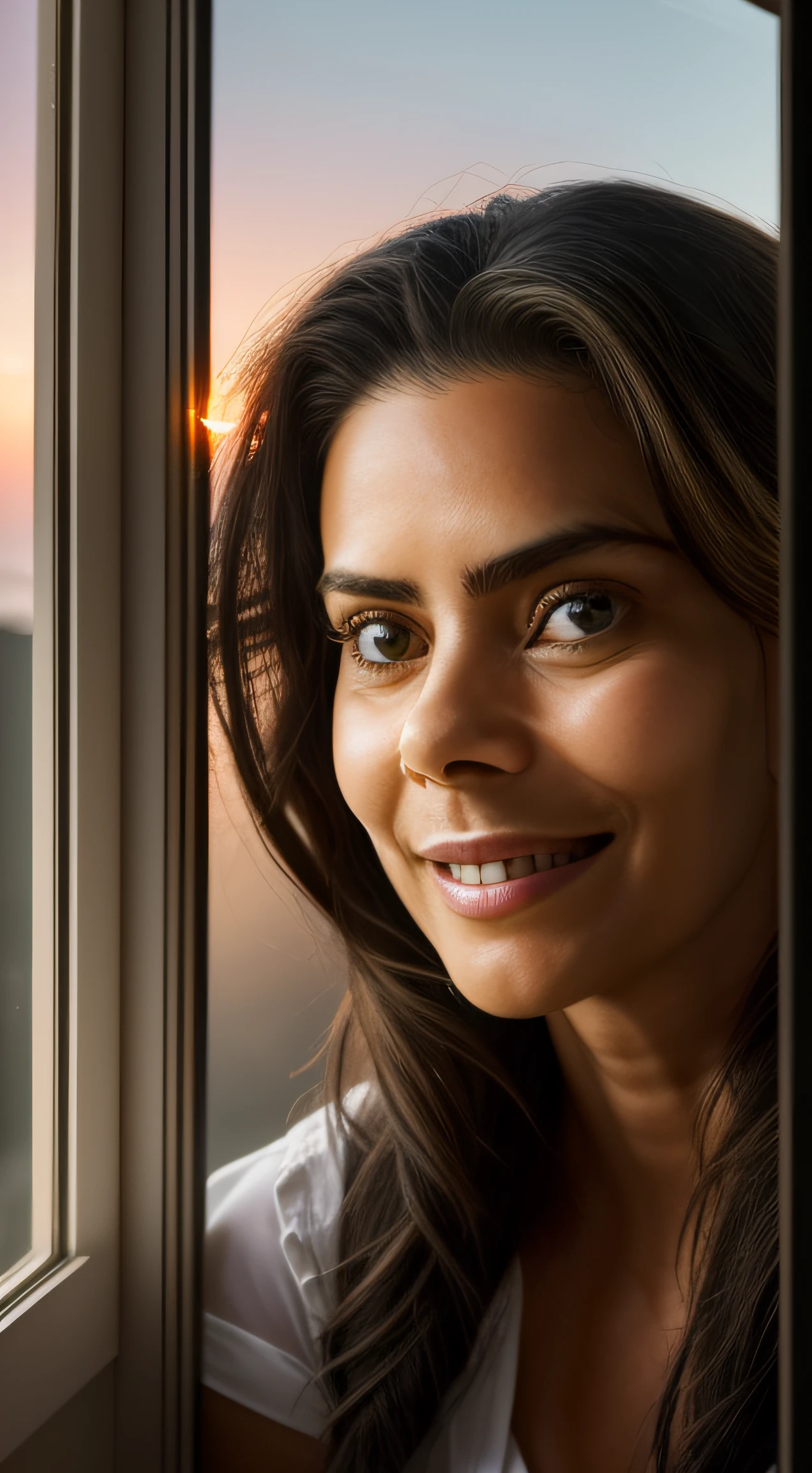 MaiteP, Muher, Morena, 45 anos, leve sorriso, maquiagem suave, slightly messy hair, Chefe de Gabinete no final do dia, Sunset through the window, Arte digital em 3D, Estilo contemplativo, Influence of contemporary portraits, Pixiv, Atmosfera Reflexiva, twilight lighting.