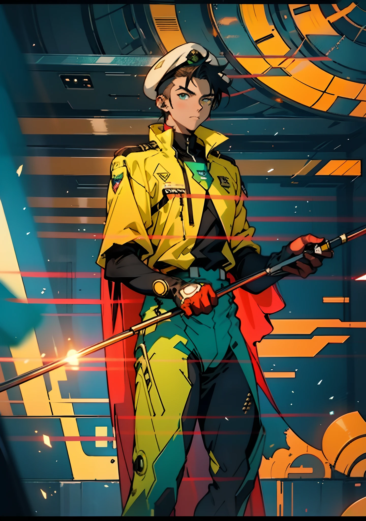1 man, a man with black short hair, a beret on his head, icy and resolute eyes, a refined face, no expression, wears a two-piece futuristic military-style outfit, tall and slender, wears a light-colored Chinese-style undershirt, a short cape, primarily in shades of green and white, accented by touches of red and yellow, wears dark pants, holds a futuristic-style long metal rod in his hands, set within the futuristic sci-fi atmosphere of a spaceship, this character embodies a finely crafted a futuristic sci-fi military officer in anime style, characterized by an exquisite and mature manga illustration art style, high definition, best quality, highres, ultra-detailed, ultra-fine painting, extremely delicate, professional, anatomically correct, symmetrical face, extremely detailed eyes and face, high quality eyes, creativity, RAW photo, UHD, 8k, Natural light, cinematic lighting, masterpiece:1.5