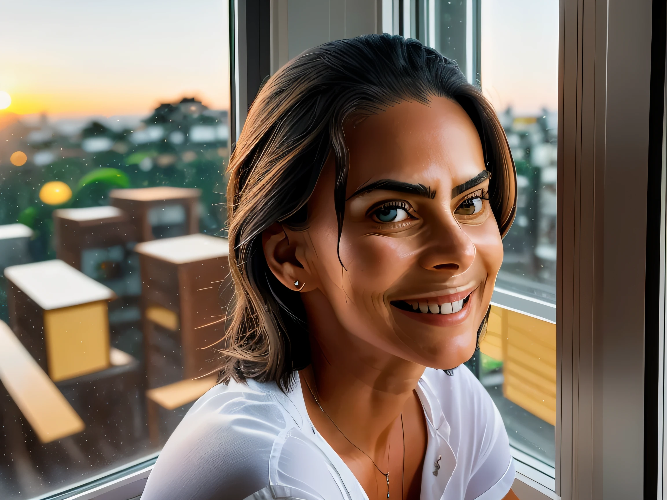 MaiteP, Muher branca, olhos claros, 45 anos, leve sorriso, maquiagem suave, slightly messy brown hair, Sunset through the window, Estilo contemplativo, Influence of contemporary portraits, Pixiv, Atmosfera Reflexiva, twilight lighting.