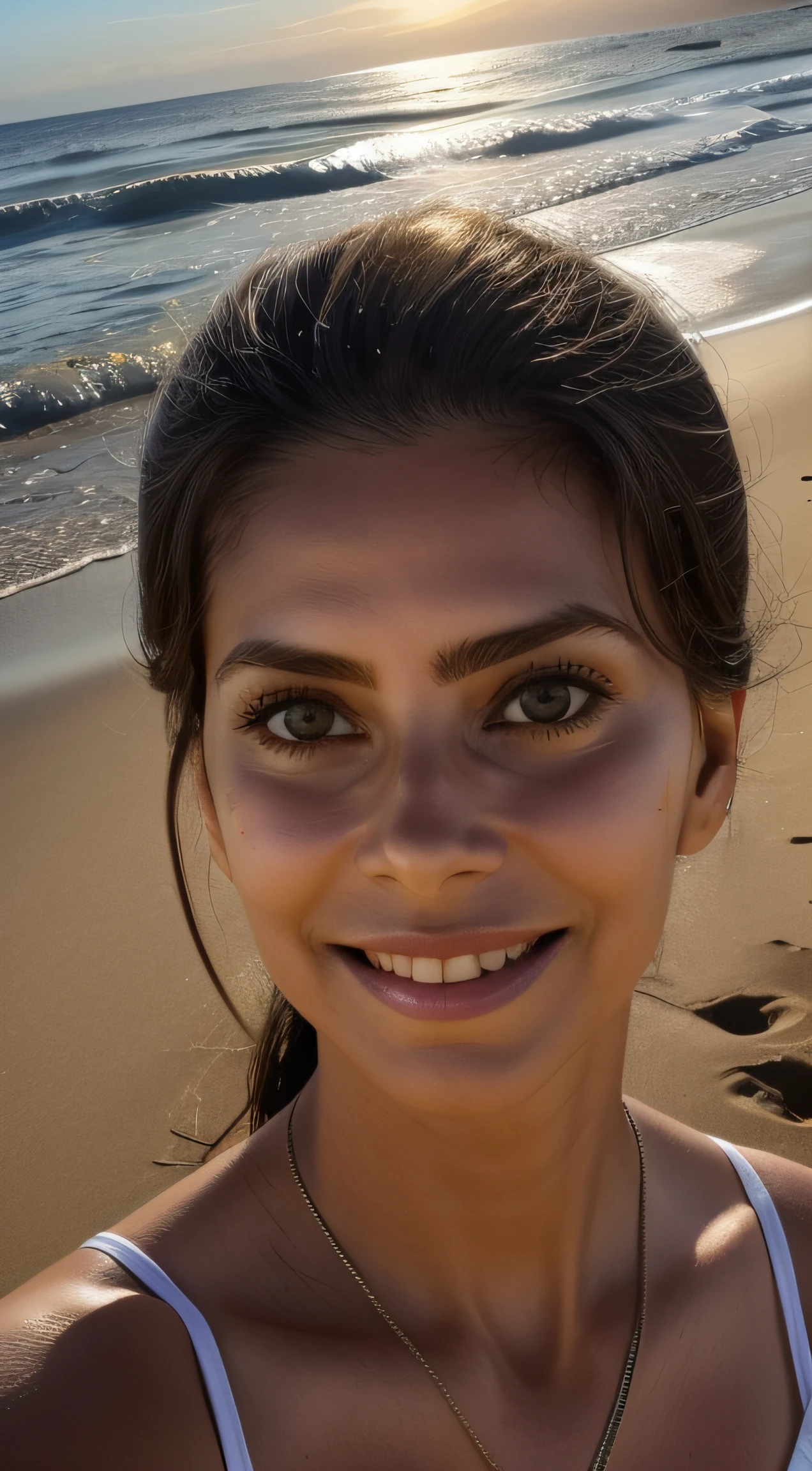 MaiteP, Muher branca, olhos claros, 45 anos, leve sorriso, slightly messy brown hair, caminhando na praia, nascer do sol, Estilo contemplativo, Influence of contemporary portraits, Pixiv, Atmosfera Reflexiva, natural lightting.