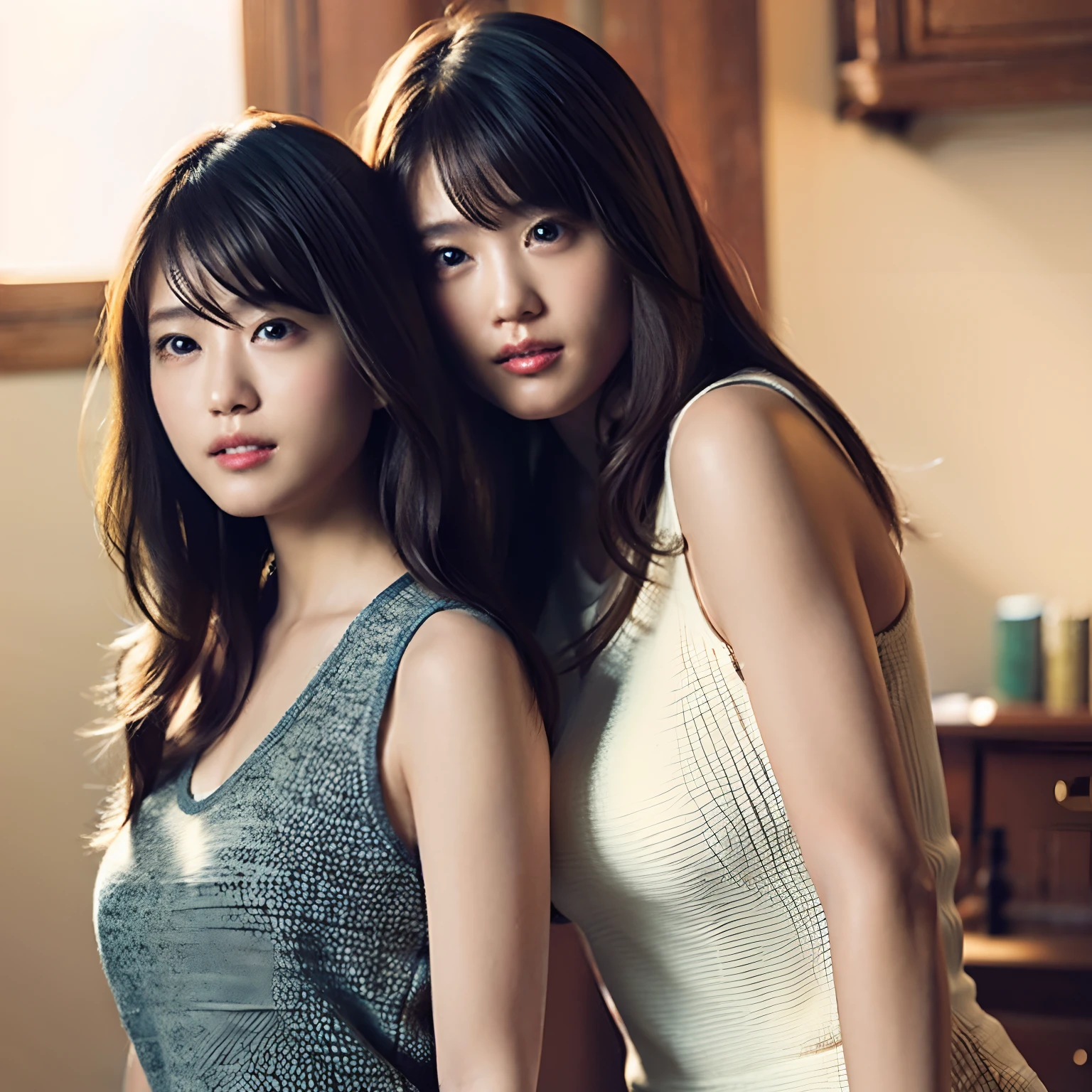 (8K、Raw photography、top-quality、masterpiece:1.2)、(realisitic、Photorealsitic:1.37)、ultra-detailliert、超A high resolution、Identical twin sisters hugging each other、see the beholder、beautifull detailed face、A smile、Constriction、(Slim waist) :1.3)、Tank Tops、Beautiful detailed skin、Skin Texture、floated hair、profetional lighting、