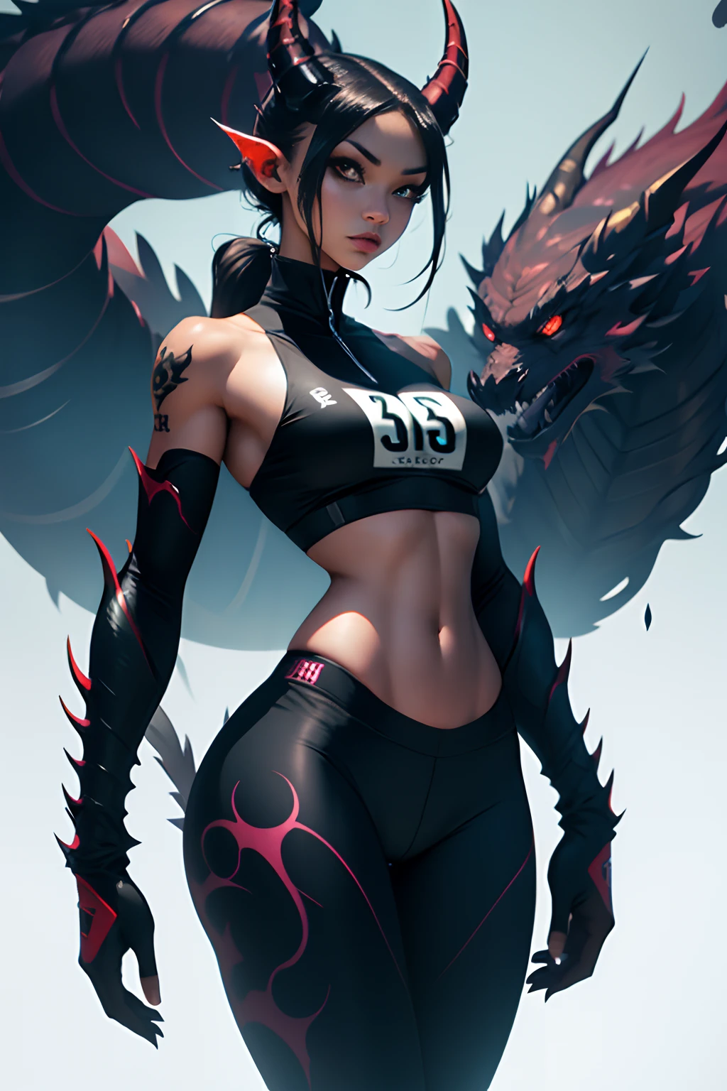 1girl ,Dragon Hybrid, Athletic, girl, dark skin, monster girl, wearing Urban_Gal, horns, tail