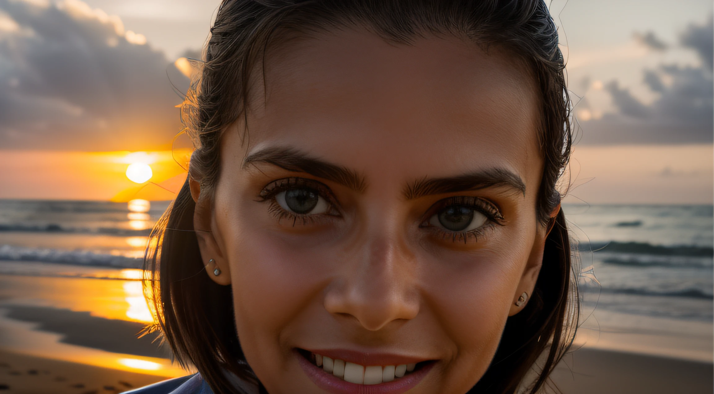 MaiteP, Muher branca, olhos claros, 45 anos, leve sorriso, slightly messy brown hair, Caminhando na praia, nascer do sol, Estilo contemplativo, Influence of contemporary portraits, Pixiv, Atmosfera Reflexiva, natural lightting, Use the HDR effect to extend the dynamic range of the image, highlighting details in light and dark areas