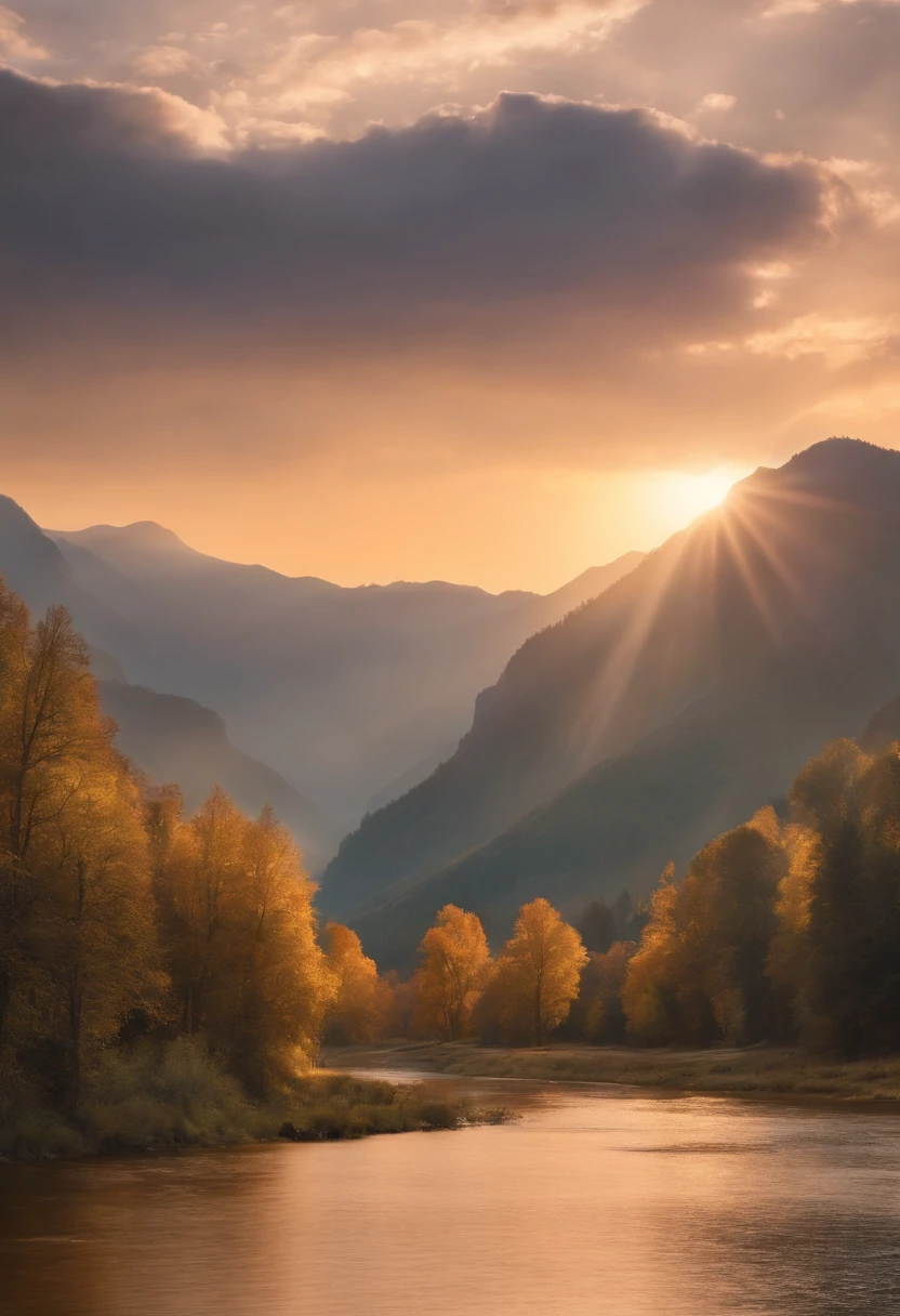 mountain landscape,beautiful sunset in the background,scenic view of mountains,sun rays illuminating the peaks,serene atmosphere,soft and warm color palette,gentle breeze,peaceful and calm ambiance,(best quality,4k,8k,highres,masterpiece:1.2),ultra-detailed,realistic:1.37,HDR,UHD,studio lighting,sharp focus,physically-based rendering,extreme detail description,professional,rich textures,blending of warm and cool tones,subtle gradients,harmony of colors,play of light and shadow.