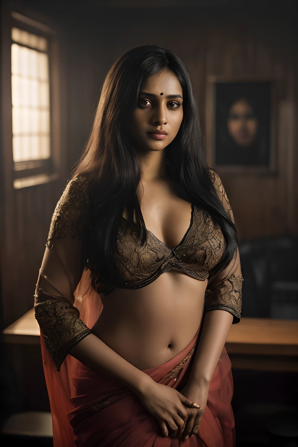 (Full body, editorial photograph of a 30 years old Indian woman), (highly detailed face:1.4) (smile:0.7) (background inside dark, moody, private study:1.3) POV, by lee jeffries, nikon d850, film stock photograph ,4 kodak portra 400 ,camera f1.6 lens ,rich colors ,hyper realistic ,lifelike texture, dramatic lighting , cinestill 800, waering a transparent saree with half sleeve blouse, chest open, deep navel, firm breast, light brown skinned, hourglass body shape, clevage, navel, black hair, loose hair, long hair