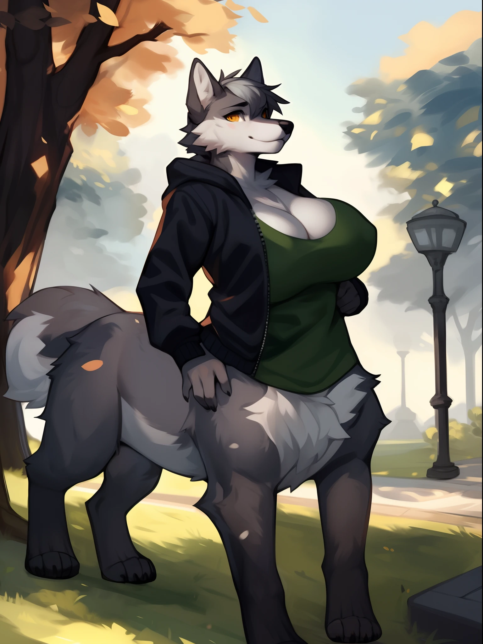 by bebebebebe, by spuydjeks, by spikedmauler, by moonrick, uploaded to e621, seductor, very detailed and beautiful, (anthro taur, female, anthro animal, anthrotaur, animaltaur:1.1), 1girl, park, day time, anthro wolf girl, canine, canid, sexy amber eyes, female, mature woman, grey body, grey fur, tail, grey hair, short hairstyle, thin amber color streaks in hair, fluffy tail, wolftaur, she is a wolftaur, (wolftaur:1.8), big breasts, thick thighs, sexy body, sexy chest, curvy, voluptuous, wearing a black parka, wearing a green shirt,