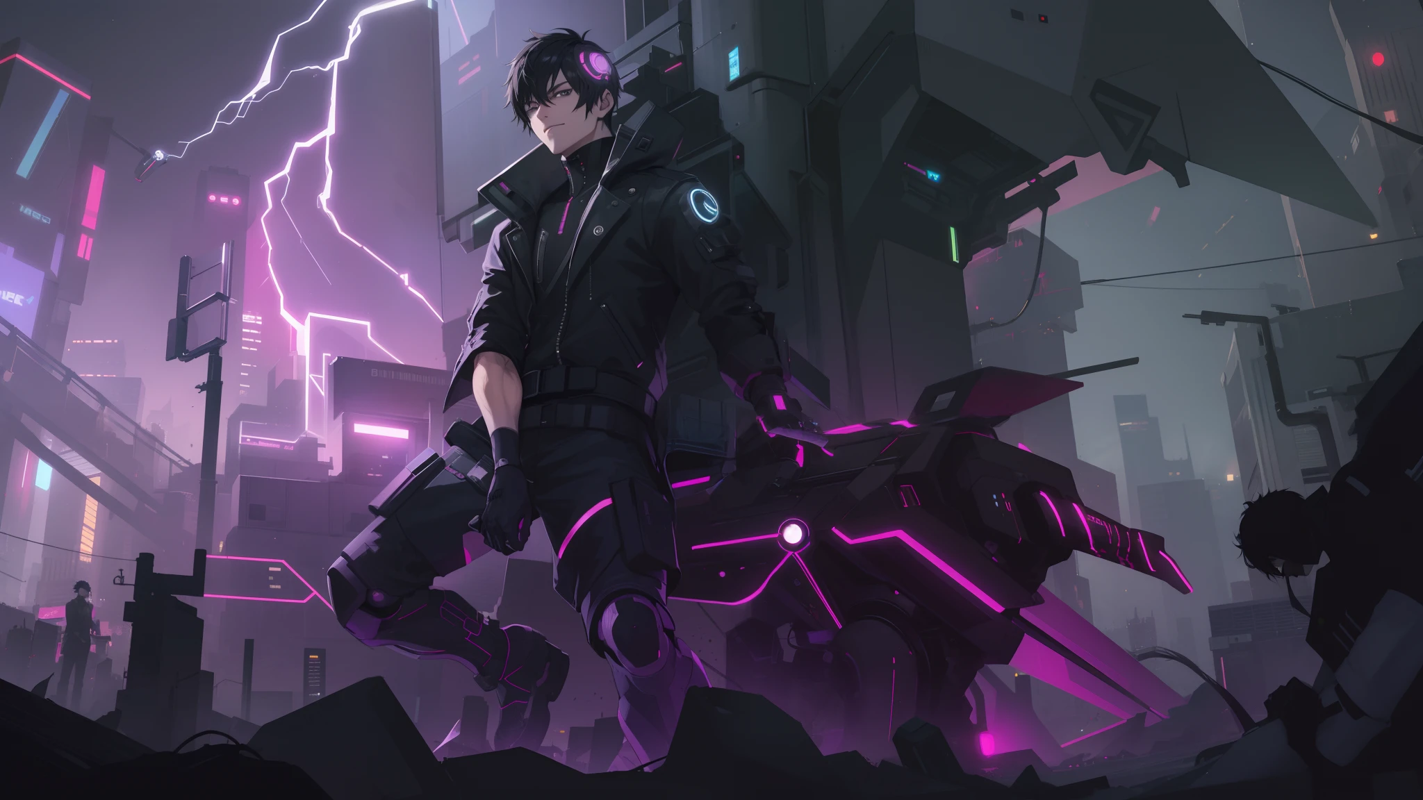 cyber punk, city, 1boy, black hair, black eyes, cyborg