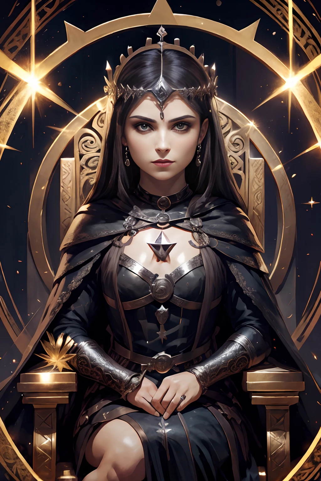 Magia brilhante, pentagrama, magical circles, Sparks, intrincado, O altamente detalhado, Dramatic, uma bruxa com uma coroa sentada em um trono, ((segura um pentagrama de cinco pontas)), bruxa vestido preto, pale skinned