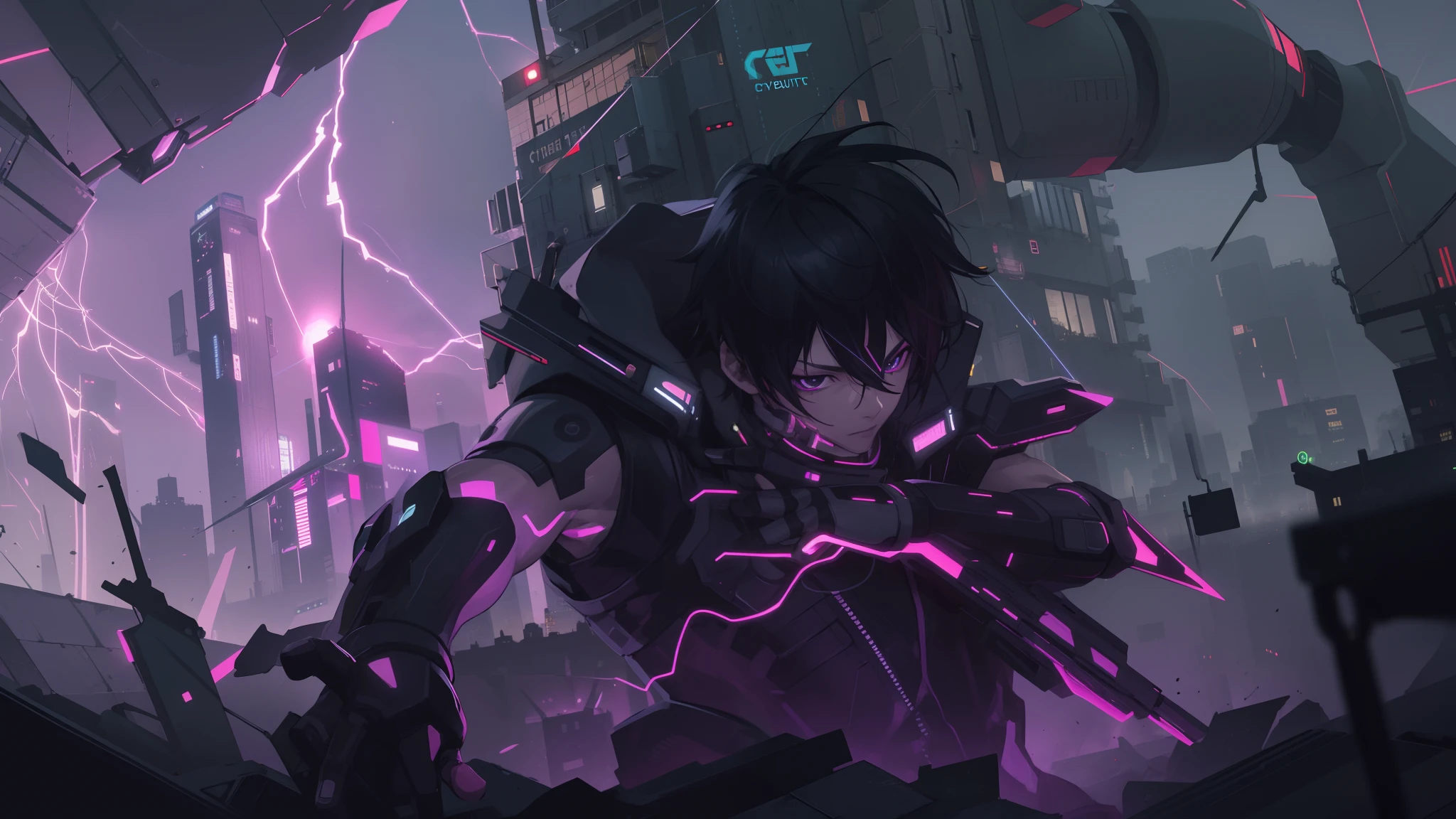 cyber punk, city, 1boy, black hair, black eyes, cyborg