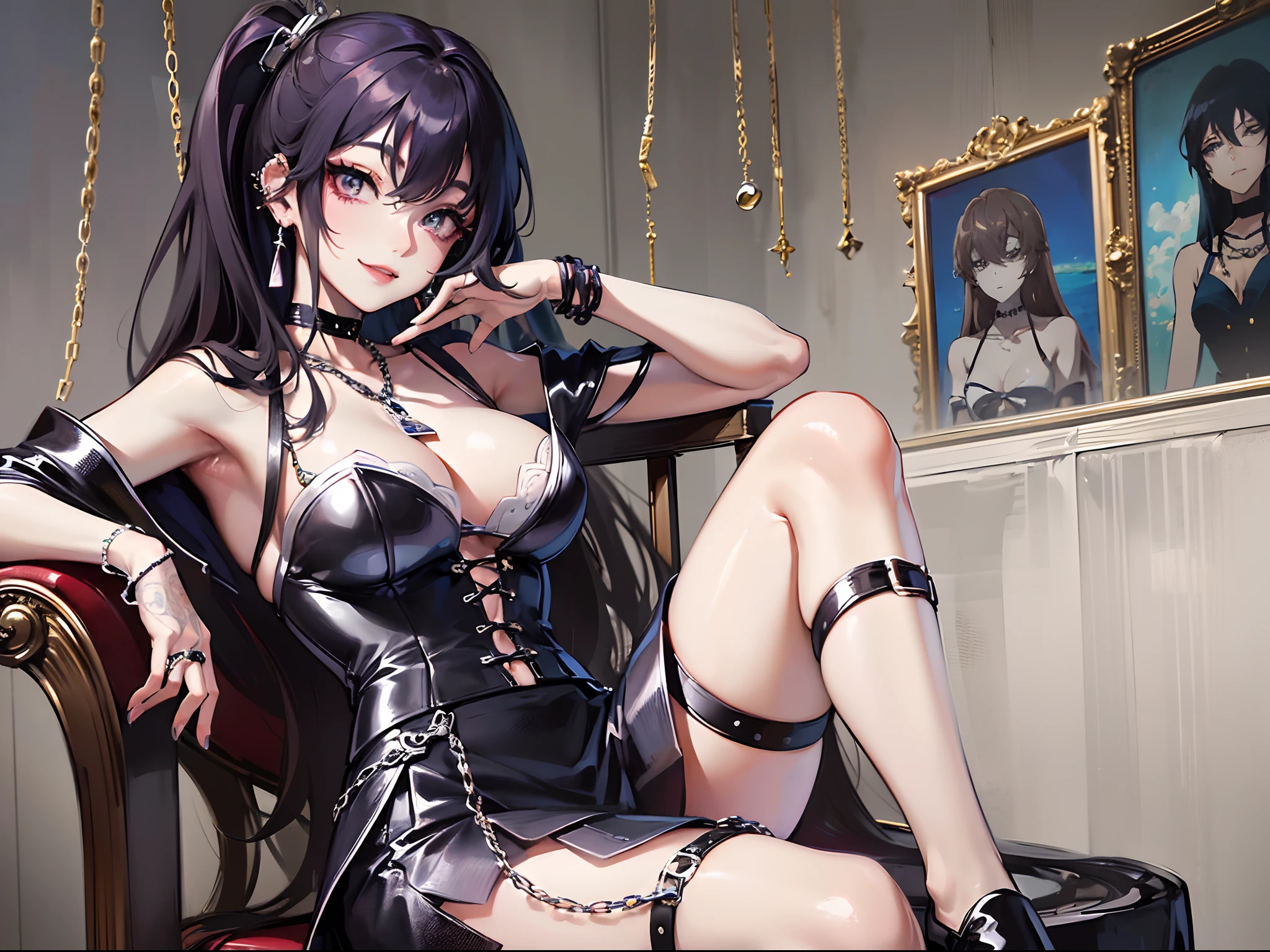 (Finest quality)),(超A high resolution),(ultra-detailliert),(Meticulous portrayal),((Best Anime)),(Finest works of art),sharpnes,Clair,Ultra-Precision Art,The art of astounding depiction, ((seducting smile)),((Seductive fashion)),a choker,Chain Accessories,piercings,Skirt with deep slit, Stylish design chair:1.3