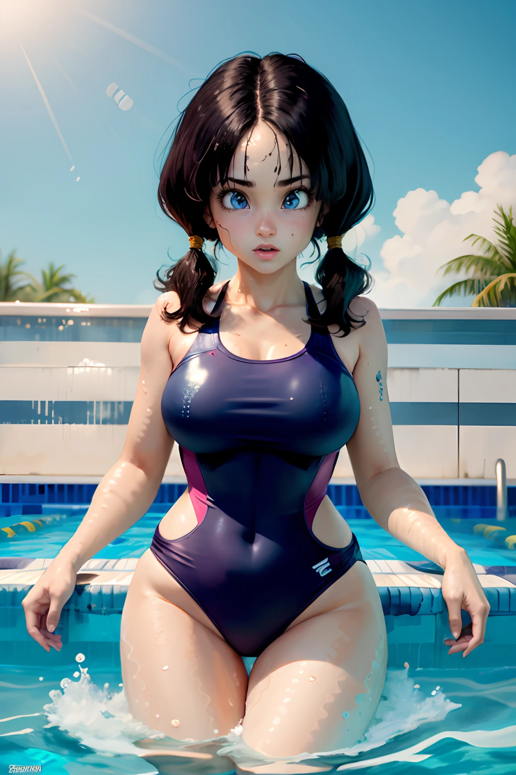 obra maestra, mejor calidad, highres, videl2, solo, ojos azules, cabello negro, twintails, pechos medianos, cowboy shot,entrenamiento, videl waifu, mujer hermosa, ojos hermosos,ojos brillantes, ojos realistas, playa, (((swimming suit)))