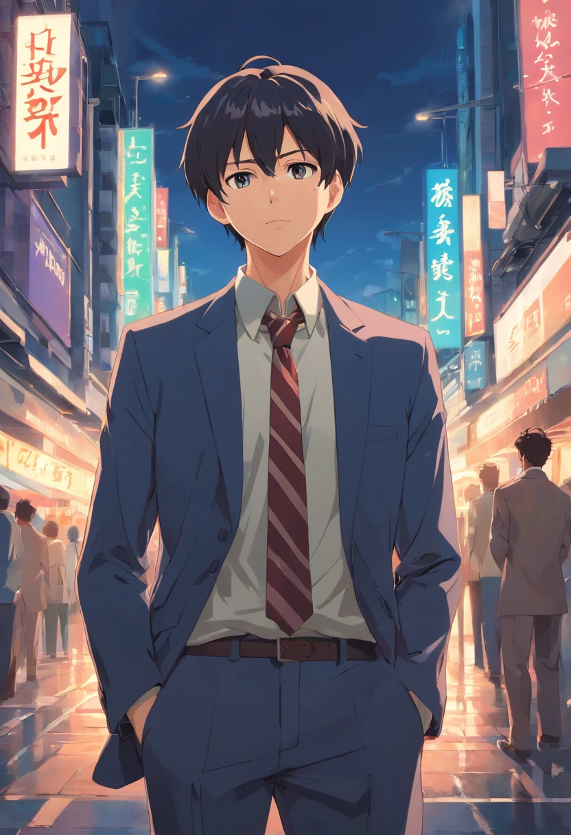 Stoic 25-year-old man with short black hair, des yeux verts et une barbe courte, Dresed as a businessman of the time, In search of life's purpose