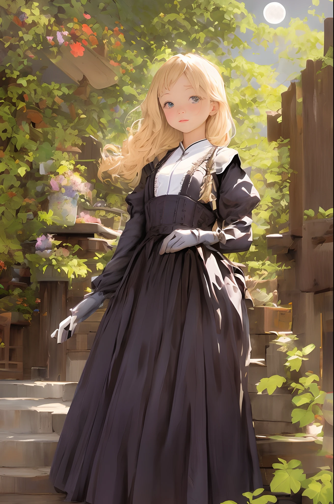 ((food:-1))、Top image quality、​masterpiece、Thick painting of oil painting、Fantasia、Norman Rockwell's style、One beautiful fair-skinned girl、the eyes are a little small、The iris is blue、Cute little face、a small face、Light makeup、blonde  hair、tiny chest、sitting on、Full body like、Black Gloves、Gothic dress with long sleeves、long  skirt、Paper World、City of Paper、a plant、izumi、Paper Full Moon、thirds rule、dynamic ungle