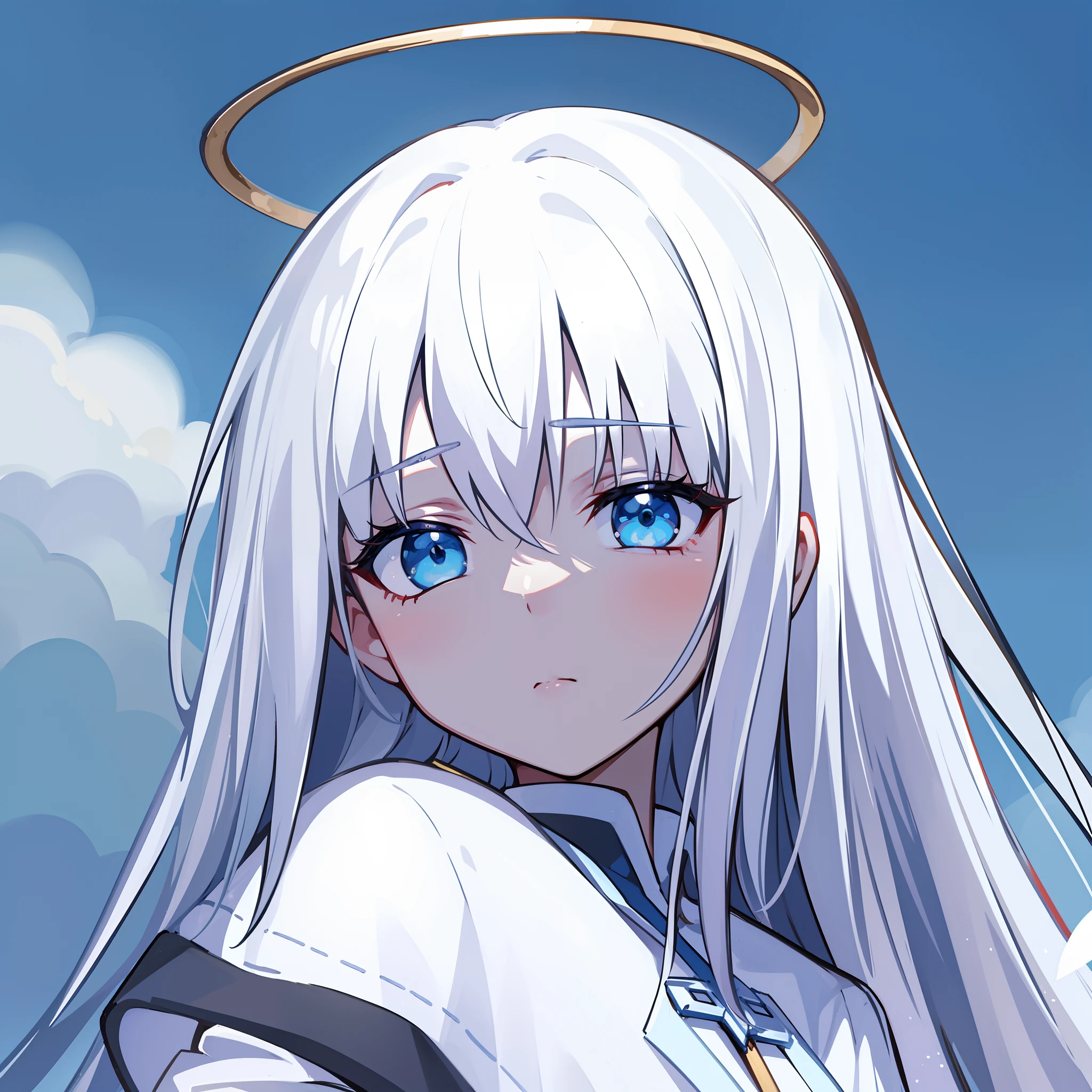 hiquality, tmasterpiece (one girls). angel. snow-white hair. white clothing. Golden halo. Cyan eyes. calm face. Against the background of the sky