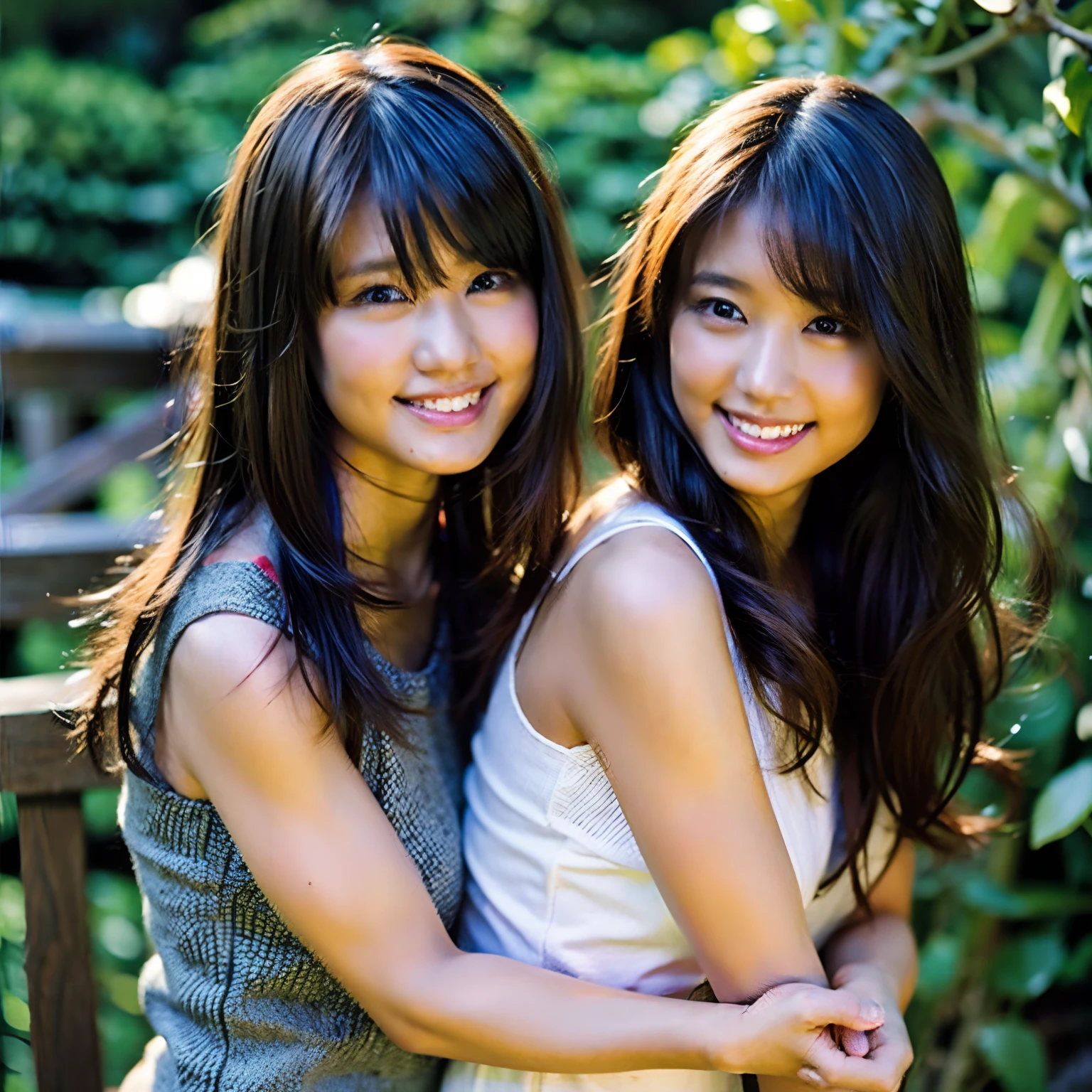 (8K、Raw photography、top-quality、​masterpiece:1.2)、(realisitic、Photorealsitic:1.37)、ultra-detailliert、超A high resolution、Identical twin sisters hugging each other、see the beholder、beautifull detailed face、A smile、Constriction、(Slim waist) :1.3)、Tank Tops、Beautiful detailed skin、Skin Texture、floated hair、profetional lighting、
