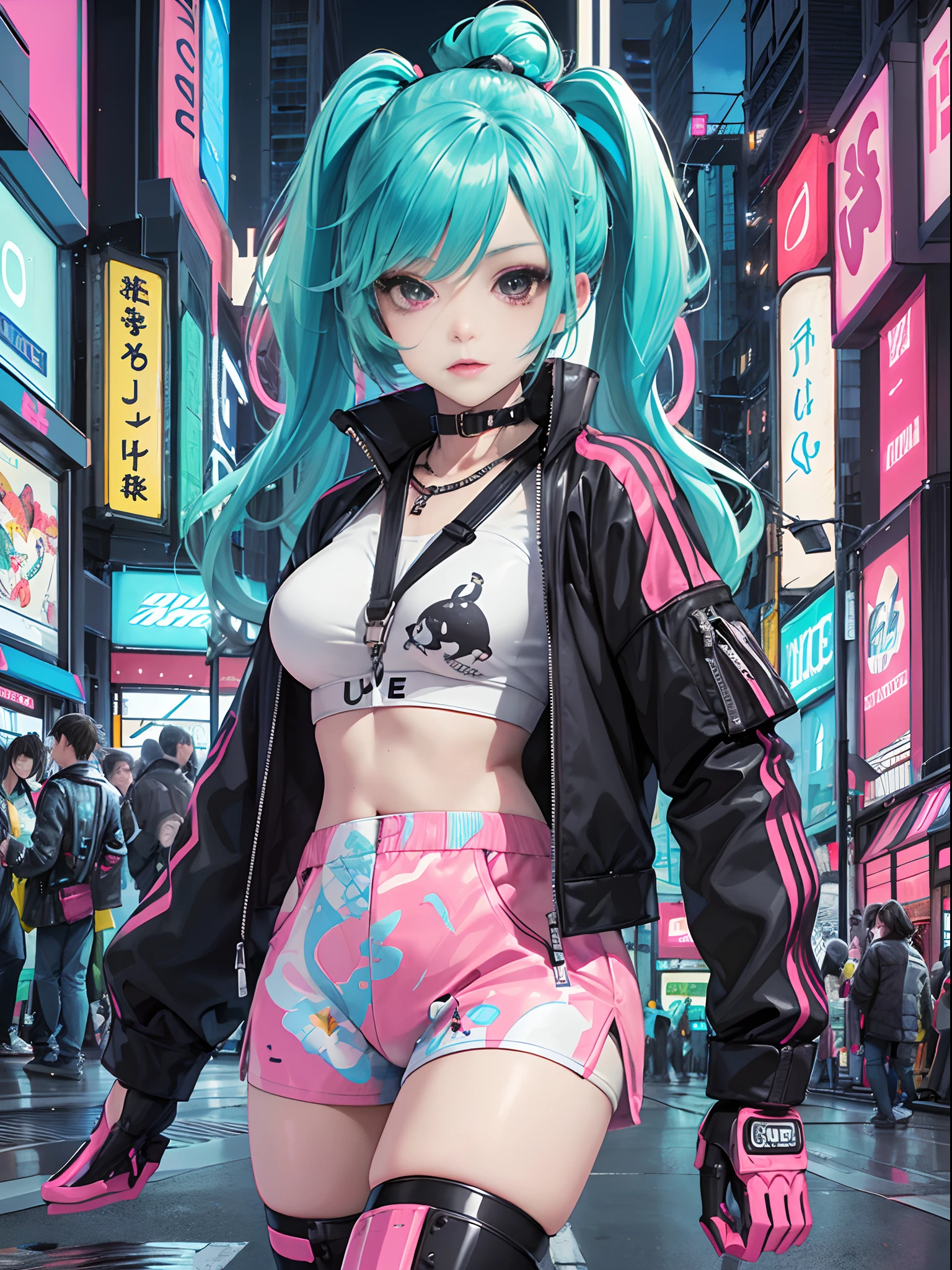 An anime illustration of a girl, cowboy shot, confident cyberpunk girl with sassy expression, ((Harajuku-inspired pop outfit and tech jacket)), bold colors and patterns, eye-catching accessories, trendy and innovative hairstyle, vibrant makeup, ((dynamic pose)), futuristic dazzling Cyberpunk cityscape, skyscrapers, neon signs, glowing LED lights, bright and vivid color scheme, anime, illustration, (beautiful detailed face), intricate details, ultra detailed.