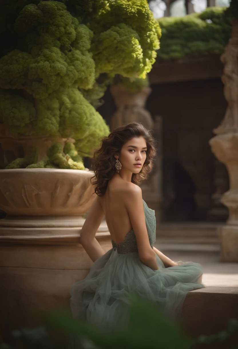 Beautiful asian brunette , curly brown hair , hairlong, , full - body, Kale, Naked, Kale, Sitting Museum , Kaia Gerber huge breasts size 5 transparent pennoir,