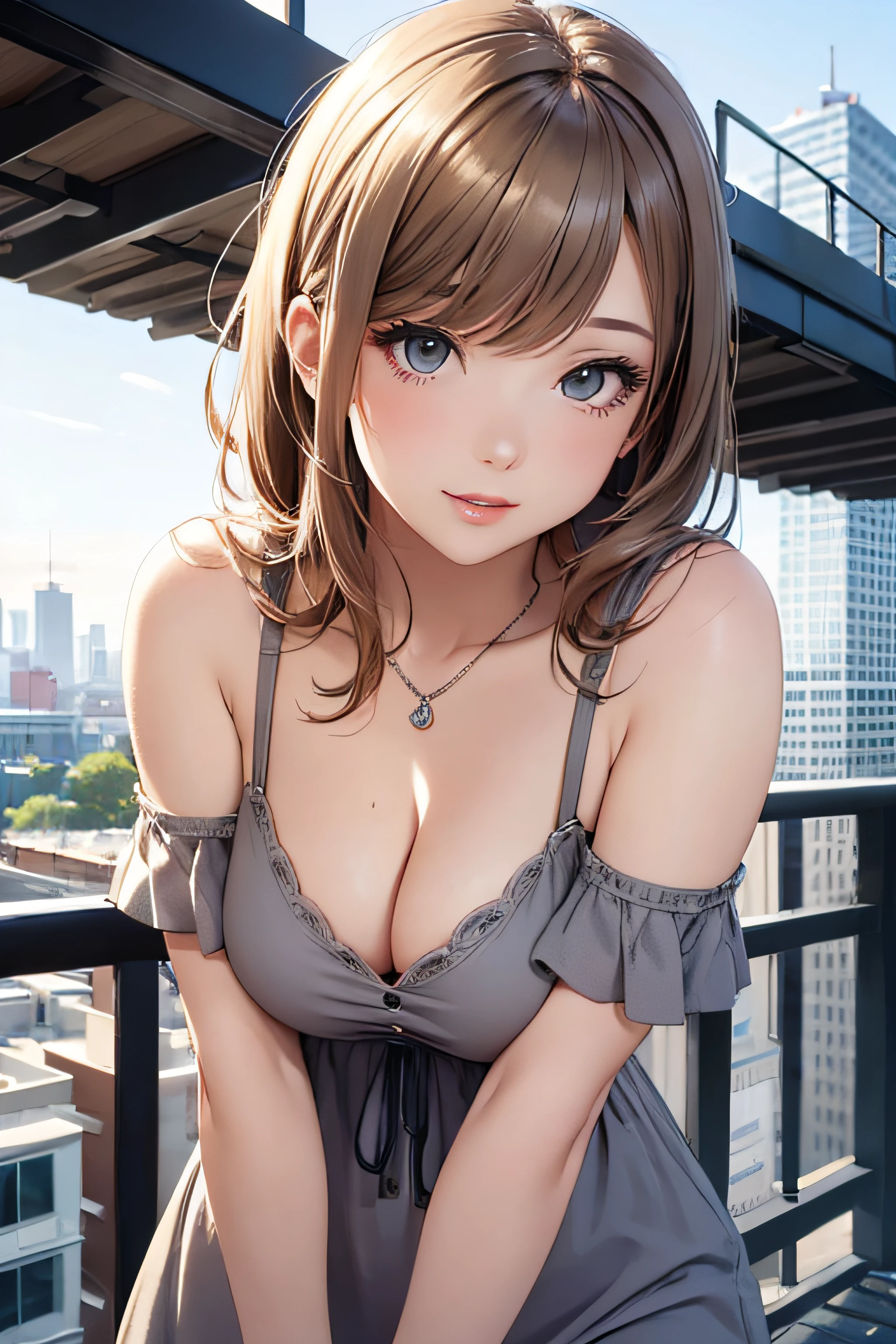 girl in a casual dress, medium breasts, cleavage, cityscape, flirtatious look, ((very detailed)), (perfectly detailed face), (well detailed hand) photorealistic image.