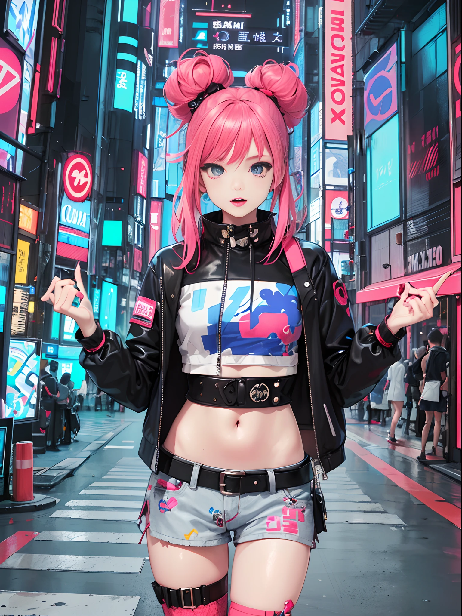 An anime illustration of a girl, cowboy shot, confident cyberpunk girl with sassy expression, ((Harajuku-inspired pop outfit and tech jacket)), bold colors and patterns, eye-catching accessories, trendy and innovative hairstyle, vibrant makeup, ((dynamic pose)), futuristic dazzling Cyberpunk cityscape, skyscrapers, neon signs, glowing LED lights, bright and vivid color scheme, anime, illustration, (beautiful detailed face), intricate details, ultra detailed.