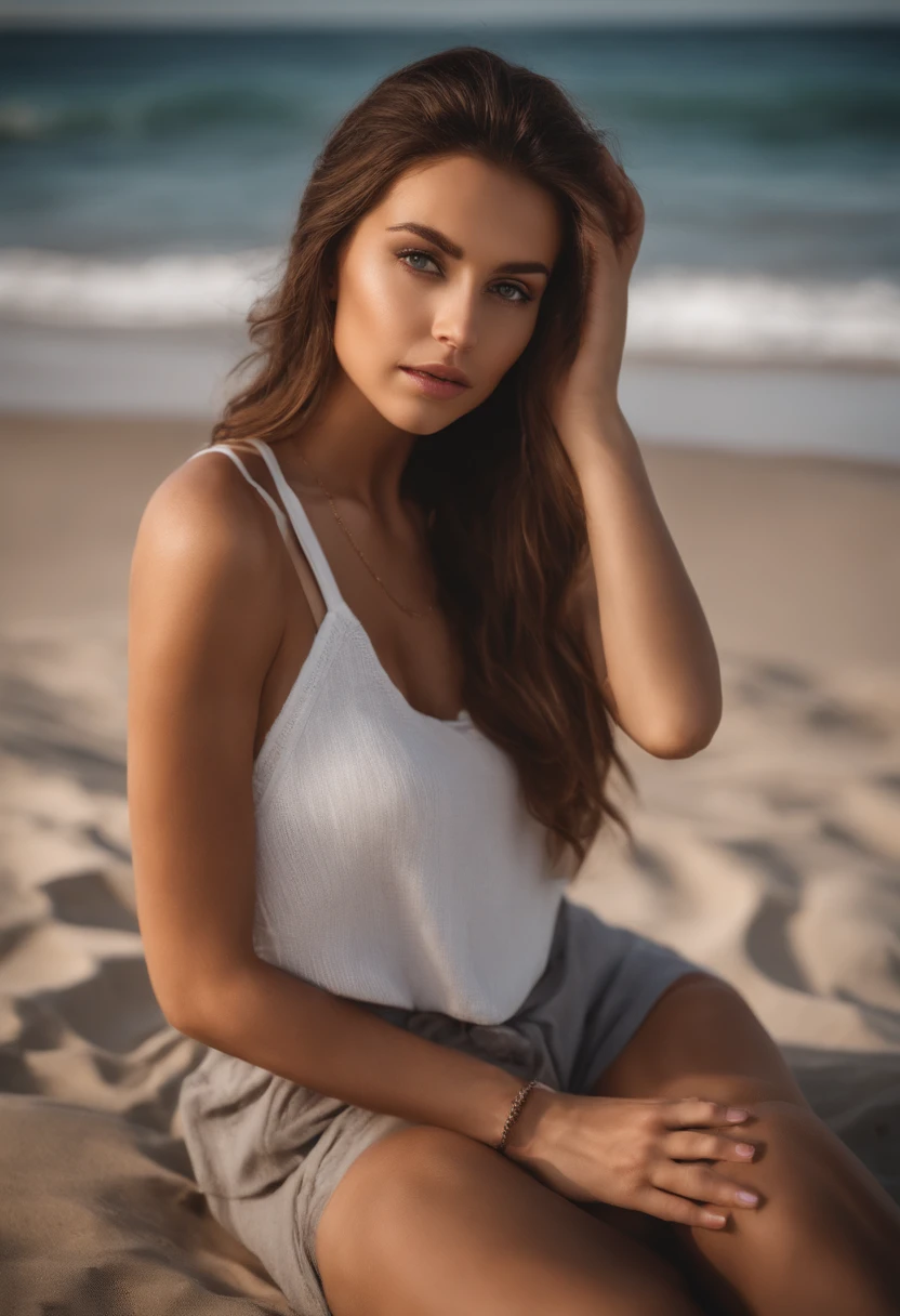 Latino and Swedish Woman, sexy girl with blue eyes, ultra realist, Meticulously detailed, Portrait Sophie Mudd, brown hair and big eyes, selfie of a young woman, wide eyes, white outfit, with makeup, natural makeup, looking straight at camera , Face with Artgram, Subtle makeup, Great photo of the whole body in the beach, beach background, Large bust, in a sexy black skirt, bikini outfit