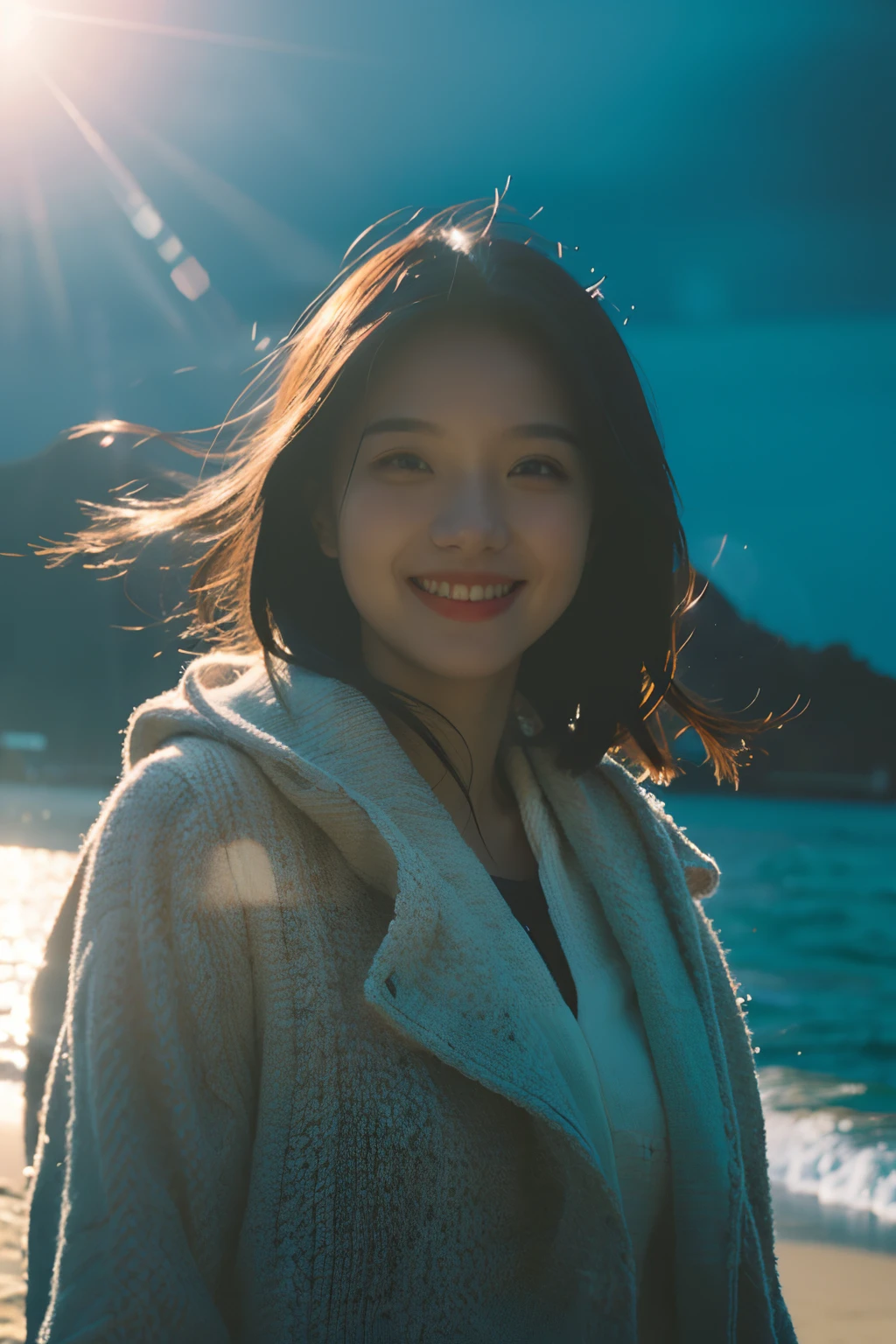 Best Quality,Masterpiece,Ultra High Resolution,(Realisticity:1.4),Original Photo,Cinematic Lighting,
1Girl,smile,backlighting,ocean,