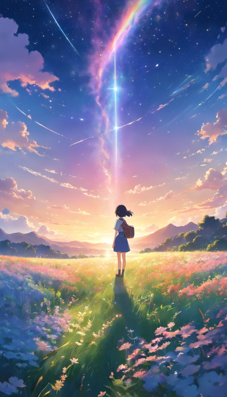 Makoto Shinkai, fotografia de paisagem expansiva , (view from below，Displays the sky above and the clearing below), a girl standing on flower field looking up,  ( Meteoros:0.9), (Nuvem estelar:1.3), Montanha Far, tree BREAK production art, (stars daytime sky:1.2), (Pirilampo:1.2), Sky of stars