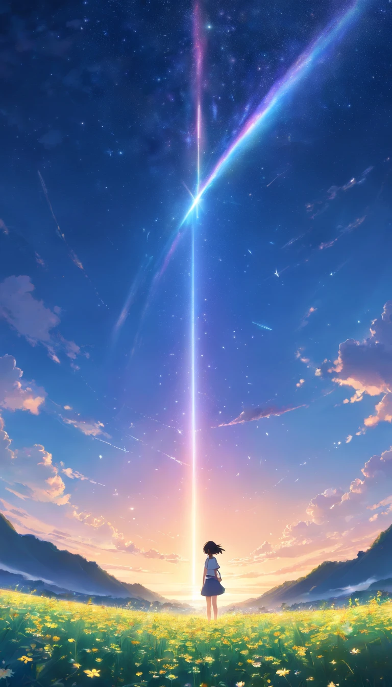 Makoto Shinkai, fotografia de paisagem expansiva , (view from below，Displays the sky above and the clearing below), a girl standing on flower field looking up,  ( Meteoros:0.9), (Nuvem estelar:1.3), Montanha Far, tree BREAK production art, (stars daytime sky:1.2), (Pirilampo:1.2), Sky of stars