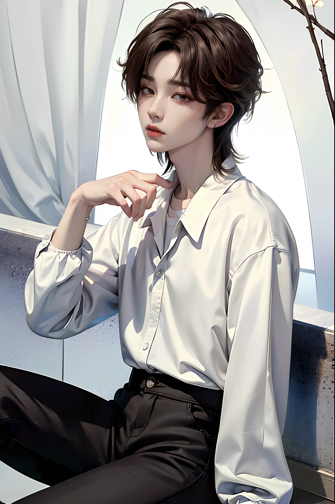 masterpiece、(top-quality)、((high-level image quality))、One Manly Boy、Slim body、((White Y-shirt and long black pants))、(Detailed beautiful eyes)、September Night Road、sitting on a curb、Face similar to Chaewon in Ruseraphim、((short hair above the ears))、((Smaller face))、((Neutral face))、((Light brown eyes))、((Korean boy))、((18year old))、((Handsome man))、((Wild look))、((Korean Makeup))、((elongated and sharp eyes))、((Sit next to the viewer))、((shot from a side angle))、((The upper part of the body))、((Close-range shooting))