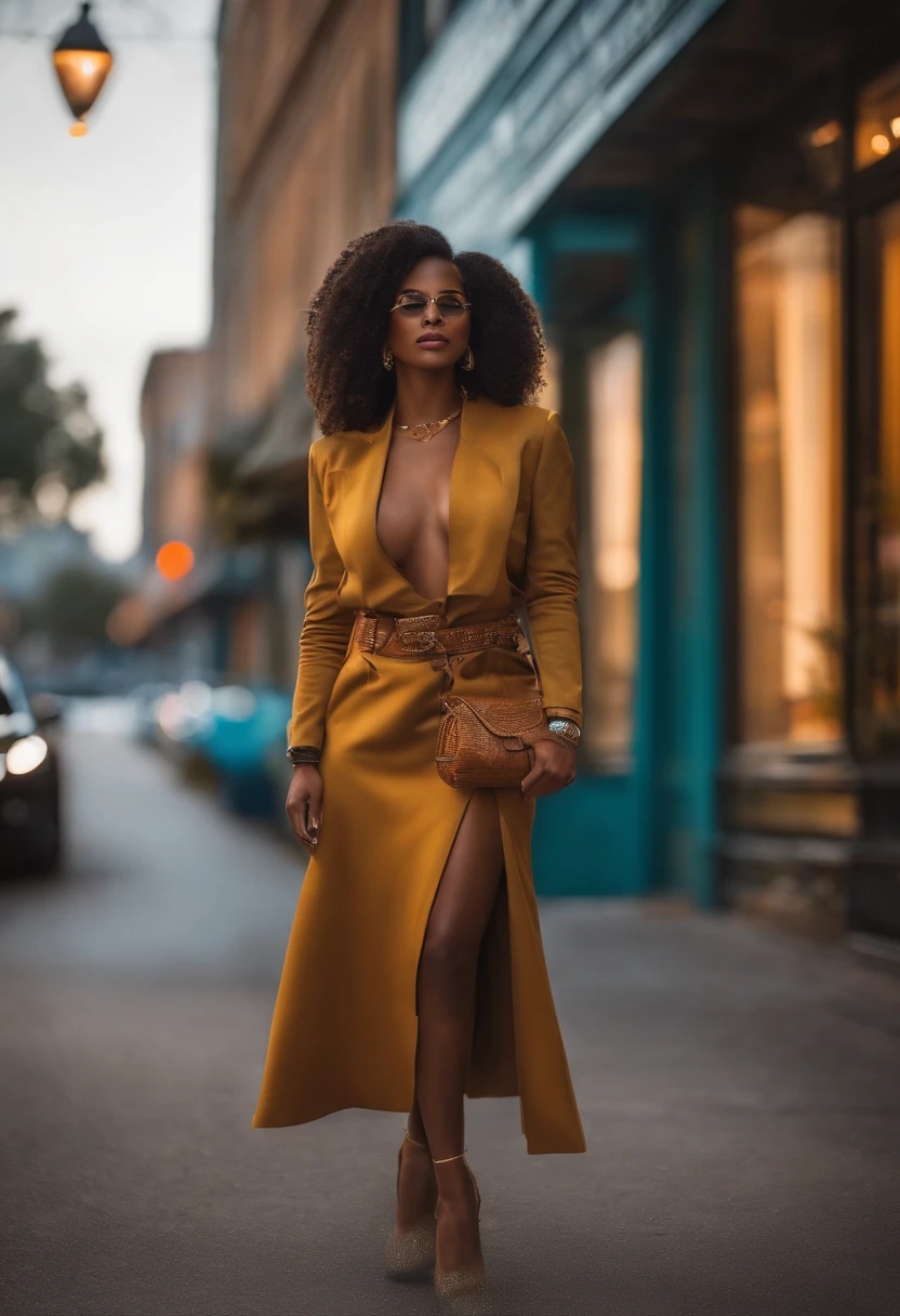 (best quality,4k,8k,highres,masterpiece:1.2), ultra-detailed, realistic:1.37, African American woman, incredibly attractive, urban and ultra trendy style, clear light brown eyes, perfect makeup, elegant high-fashion clothing, confident and alluring expression, stylishly long curly hair, stylish gold jewelry, fashionable handbag, posing against a vibrant city backdrop, dynamic street art in the background, neon lights illuminating the scene, soft warm color tone with a hint of urban edginess, dramatic shadows and highlights, capturing the essence of modern urban beauty and style.