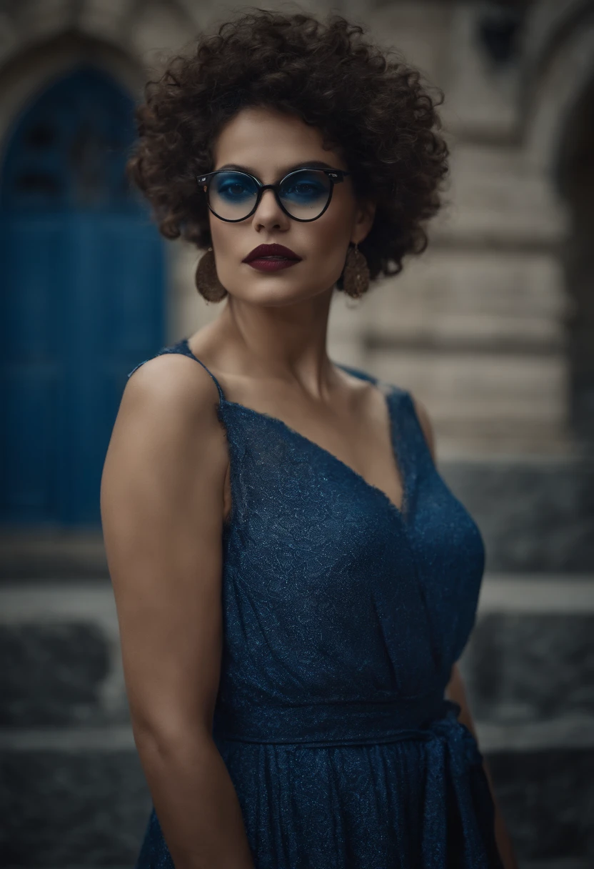 Métis woman, designer, style ultra tendance actuelle, dream form, yeux bleus, curly hair, lunettes, escarpins