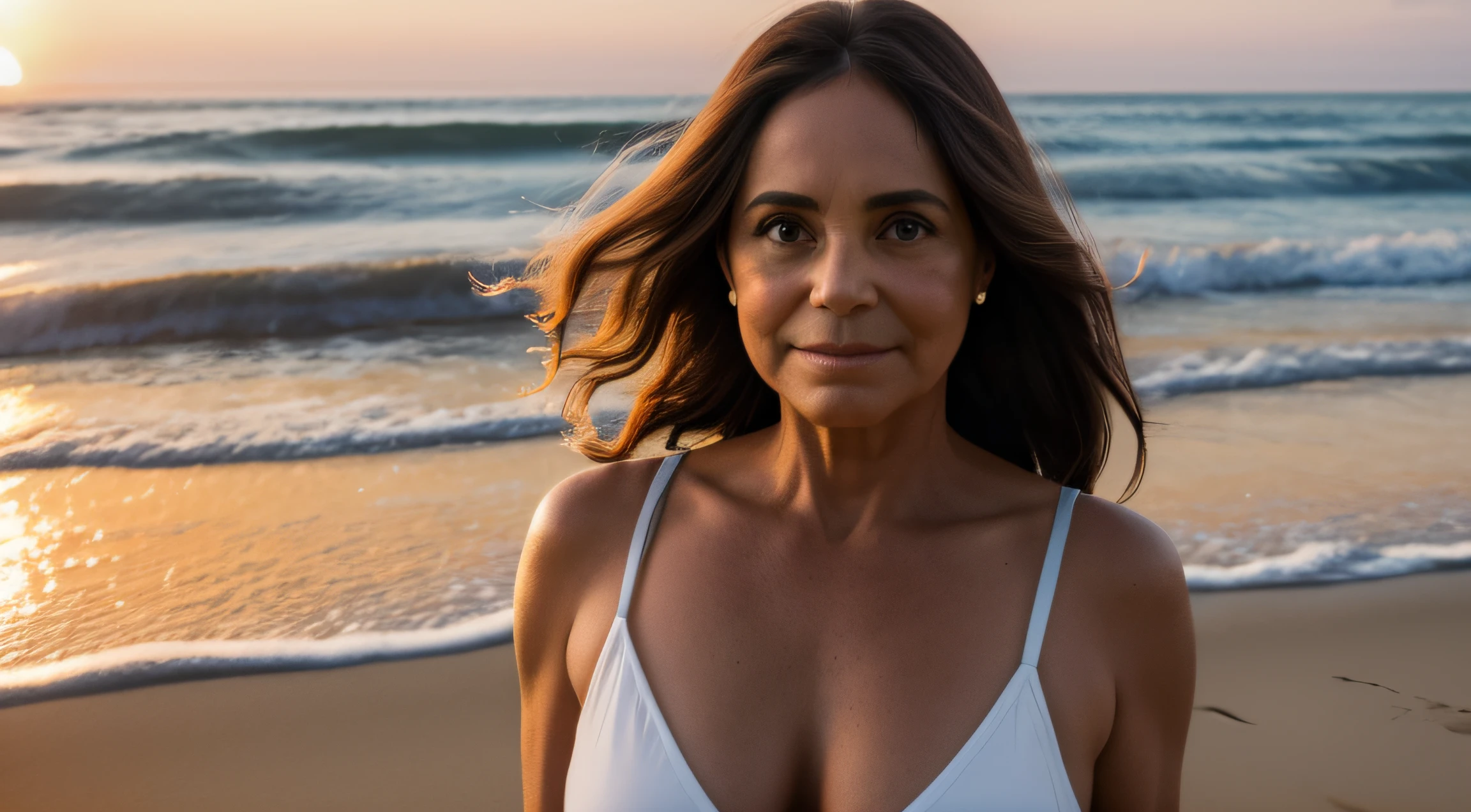 ReginaD, Muher morena, olhos expressivos, 45 anos, leve sorriso, slightly messy brown hair, Caminhando na praia, nascer do sol, Estilo contemplativo, Influence of contemporary portraits, Pixiv, Atmosfera Reflexiva, natural lightting, Use the HDR effect to extend the dynamic range of the image, Highlight details in light and dark areas
